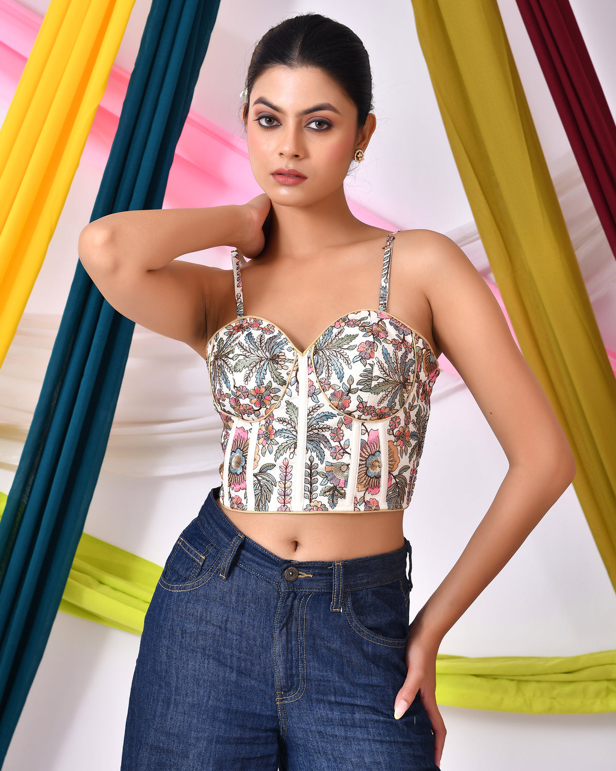 Multicolour Embroidered Bustier Corset Style White Blouse with Tie-up Back
