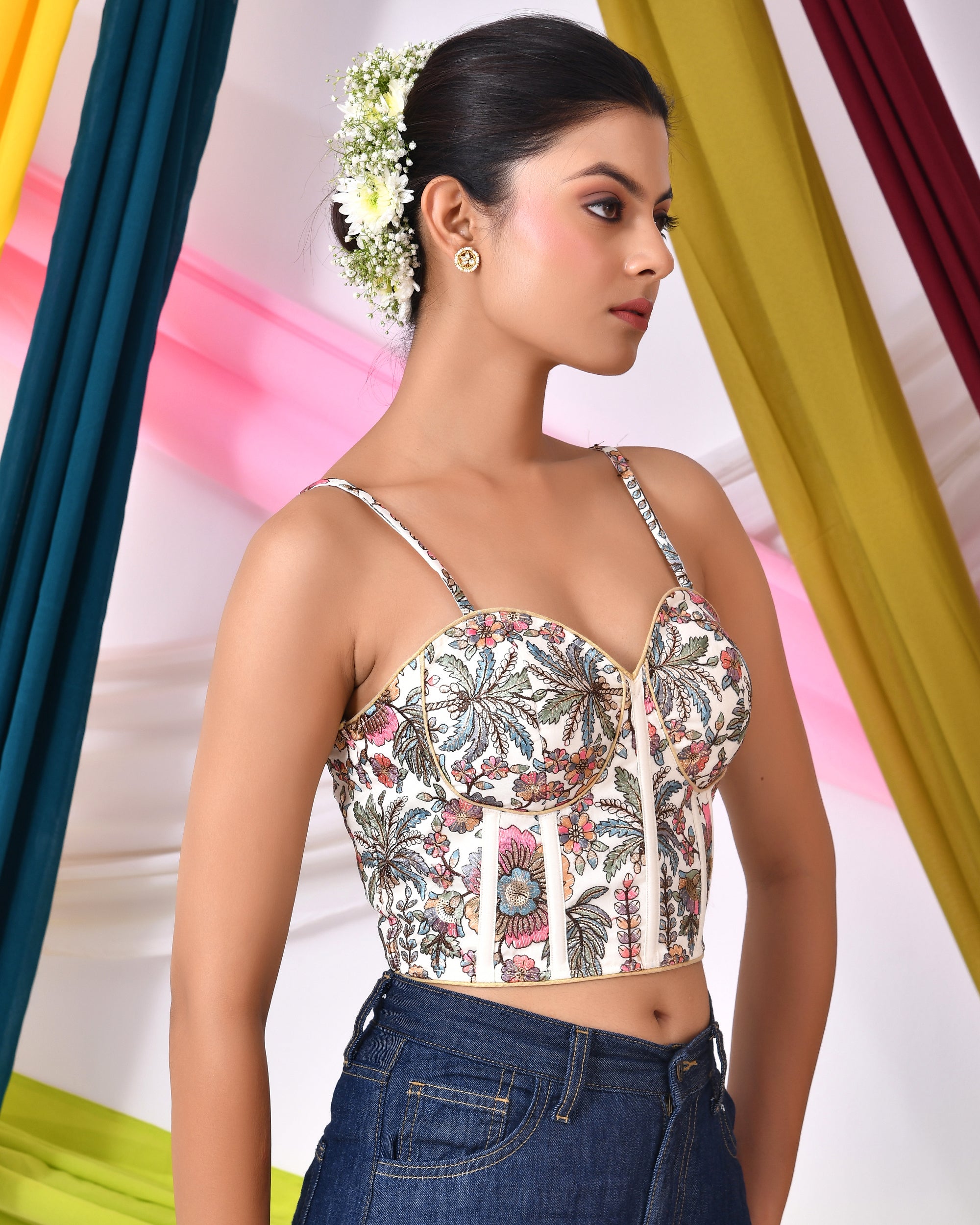 Multicolour Embroidered Bustier Corset Style White Blouse with Tie-up Back