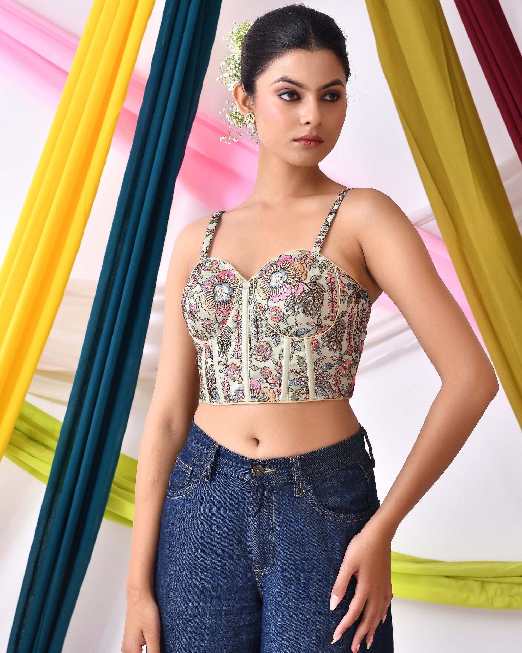 Multicolour Embroidered Bustier Corset Style Green Blouse with Tie-up Back