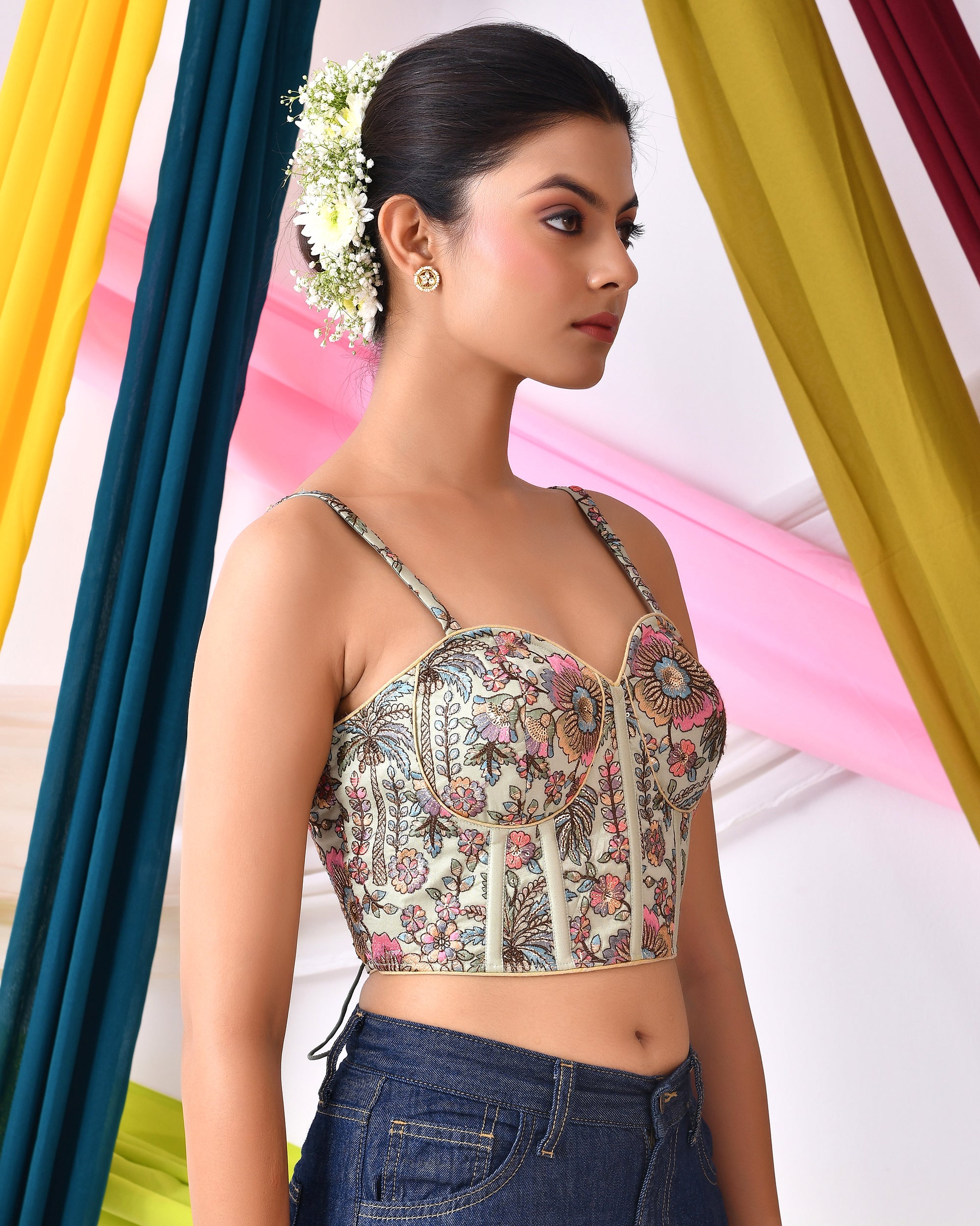 Multicolour Embroidered Bustier Corset Style Green Blouse with Tie-up Back