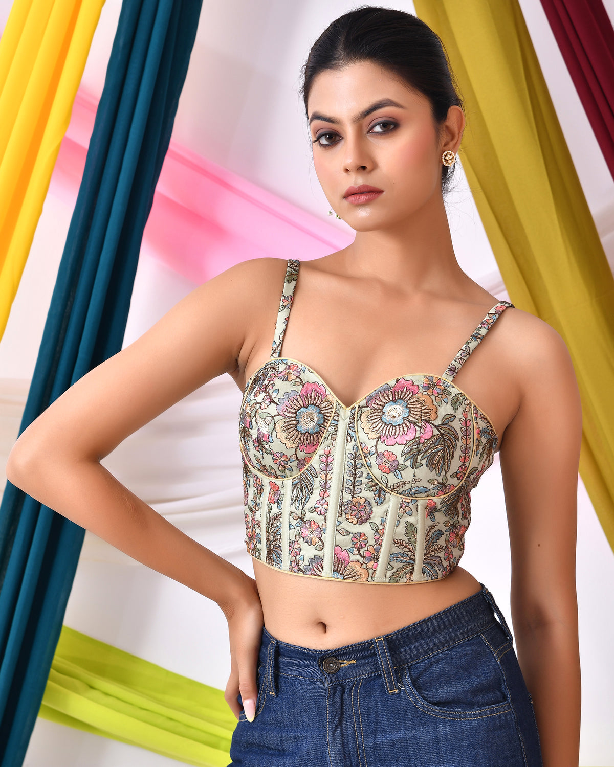 Multicolour Embroidered Bustier Corset Style Green Blouse with Tie-up Back