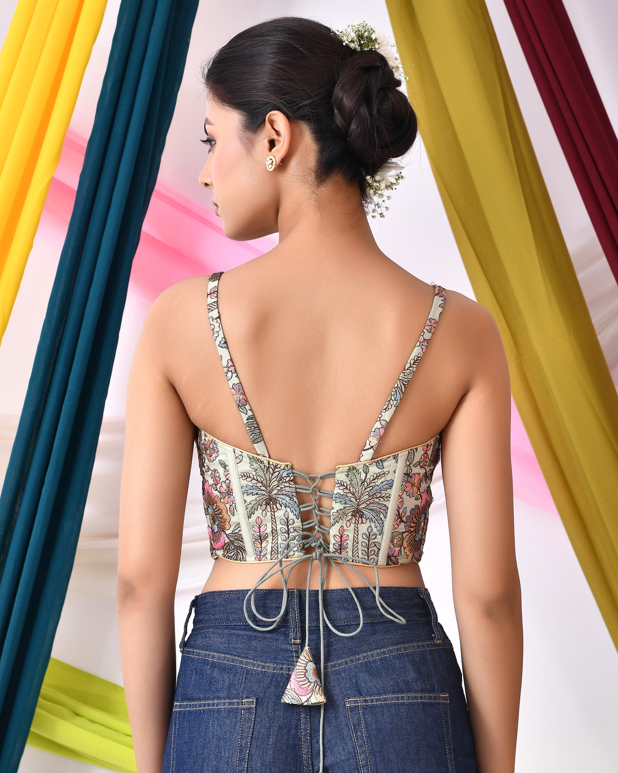 Multicolour Embroidered Bustier Corset Style Green Blouse with Tie-up