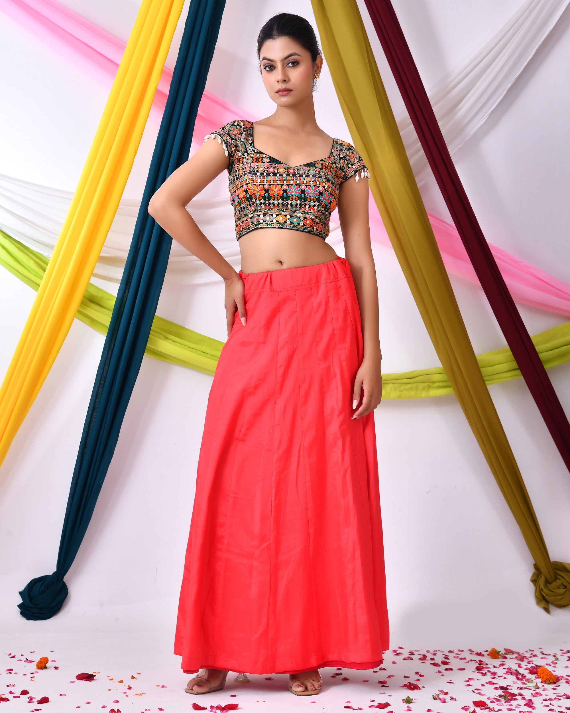 Multicolor Embroidered Black Padded Blouse With Cap Sleeves