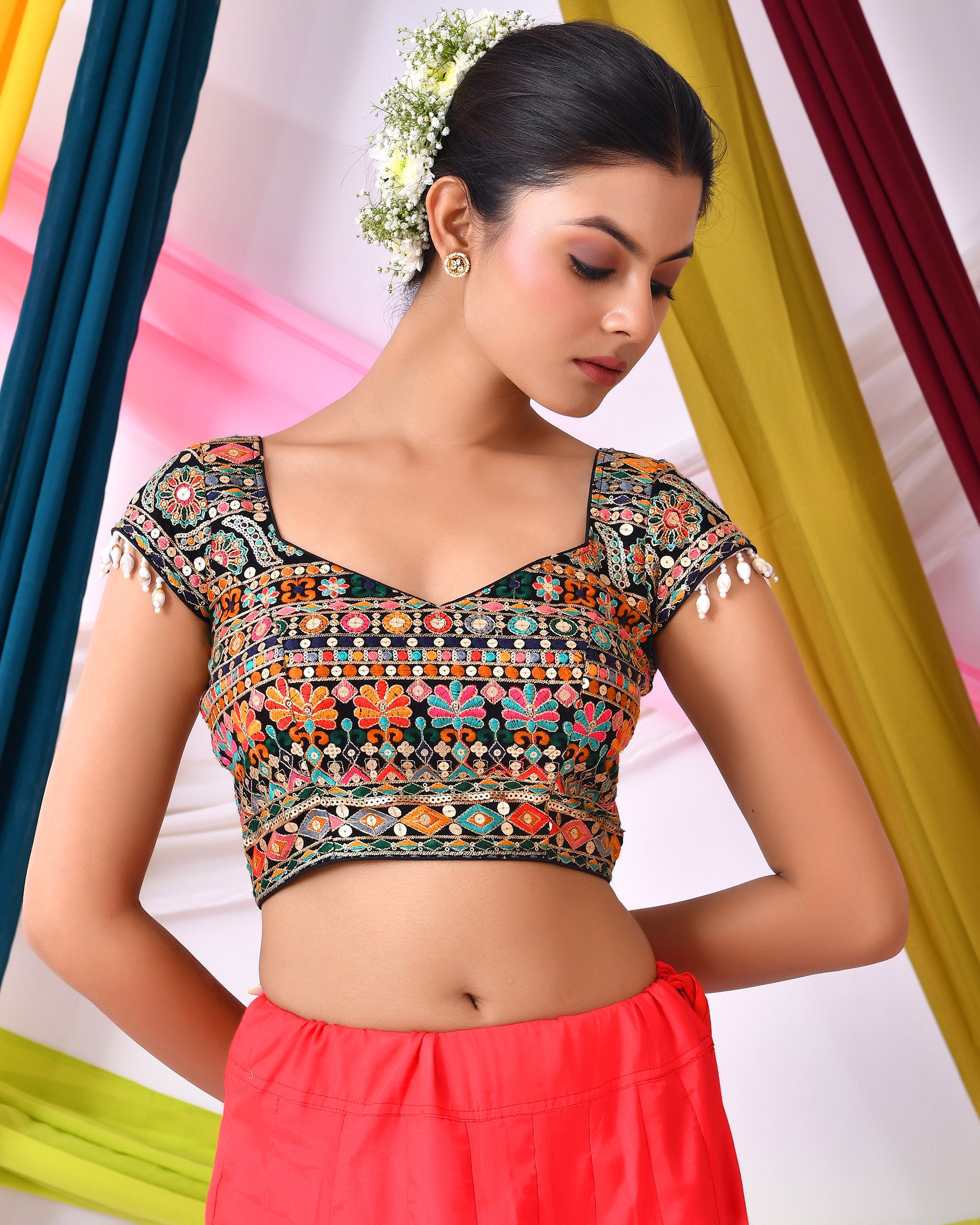 Multicolor Embroidered Black Padded Blouse With Cap Sleeves