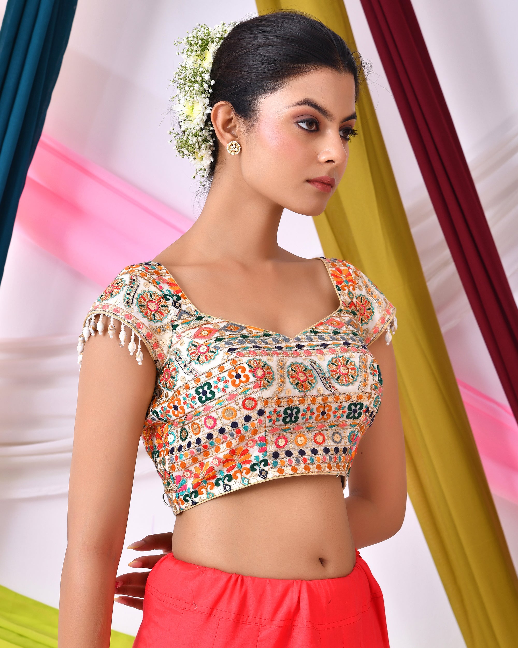 Multicolor Embroidered White Padded Blouse With Cap Sleeves