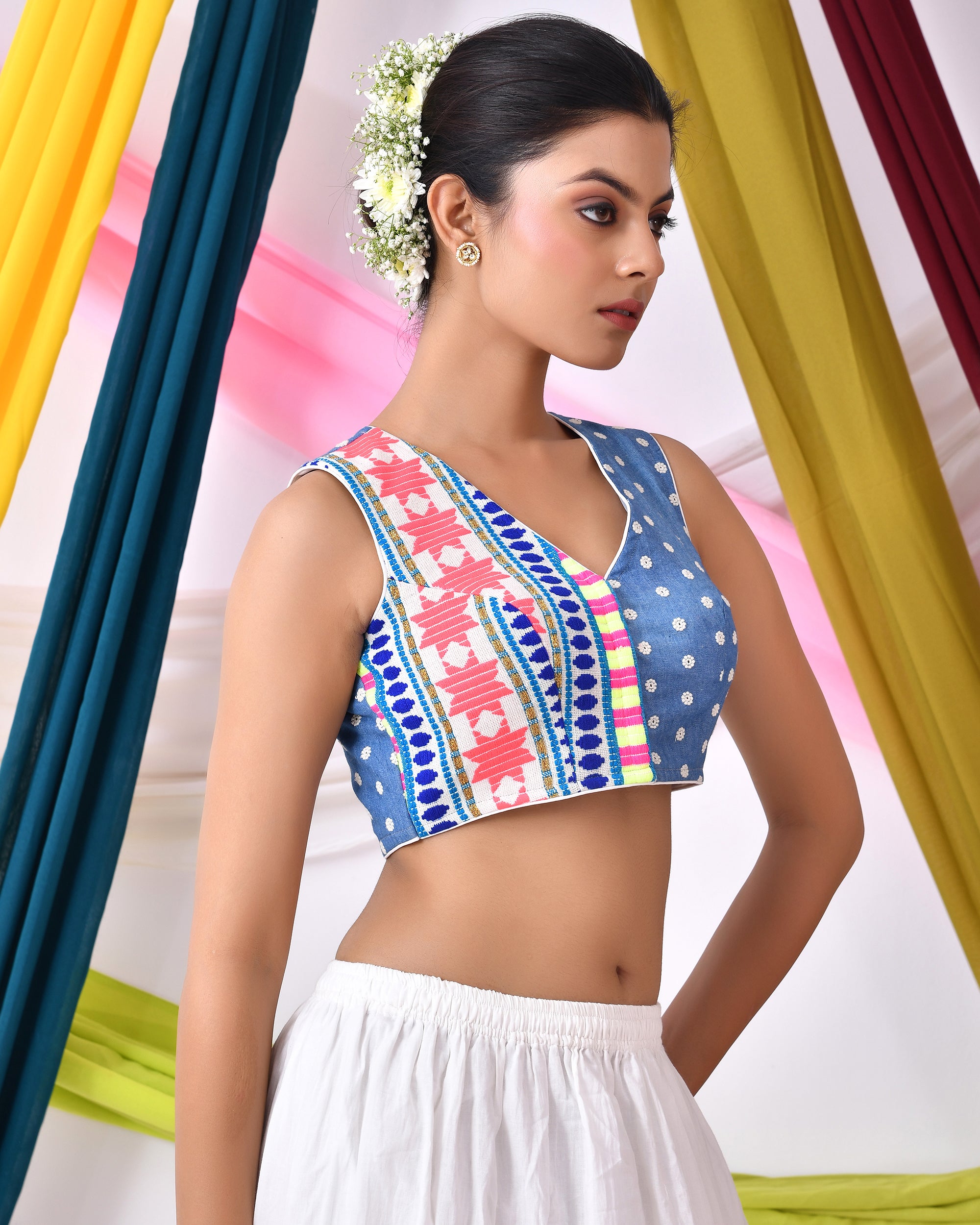 Denim Jacquard Sleeveless Padded Blouse with Vibrant Patterns