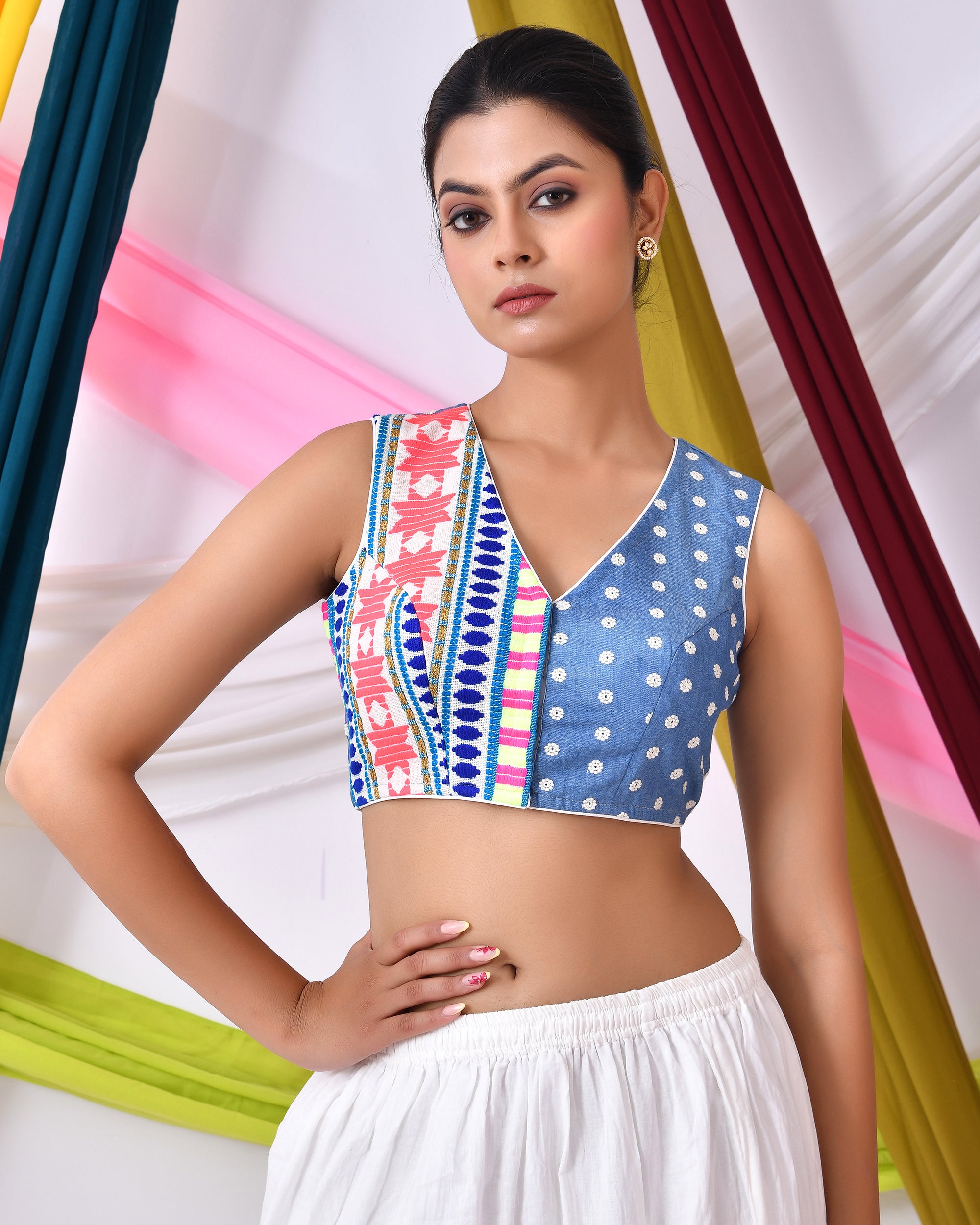 Denim Jacquard Sleeveless Padded Blouse with Vibrant Patterns