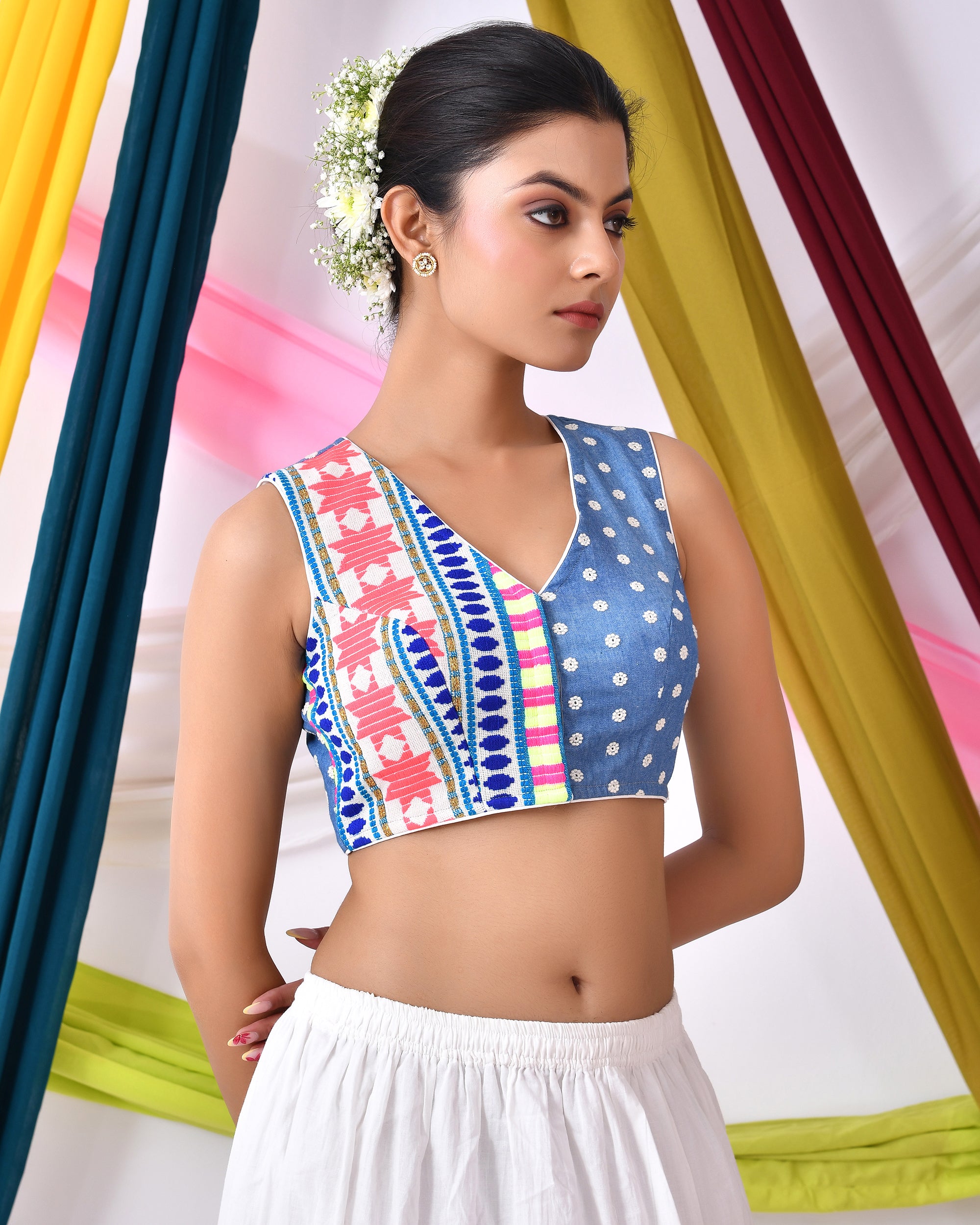 Denim Jacquard Sleeveless Padded Blouse with Vibrant Patterns