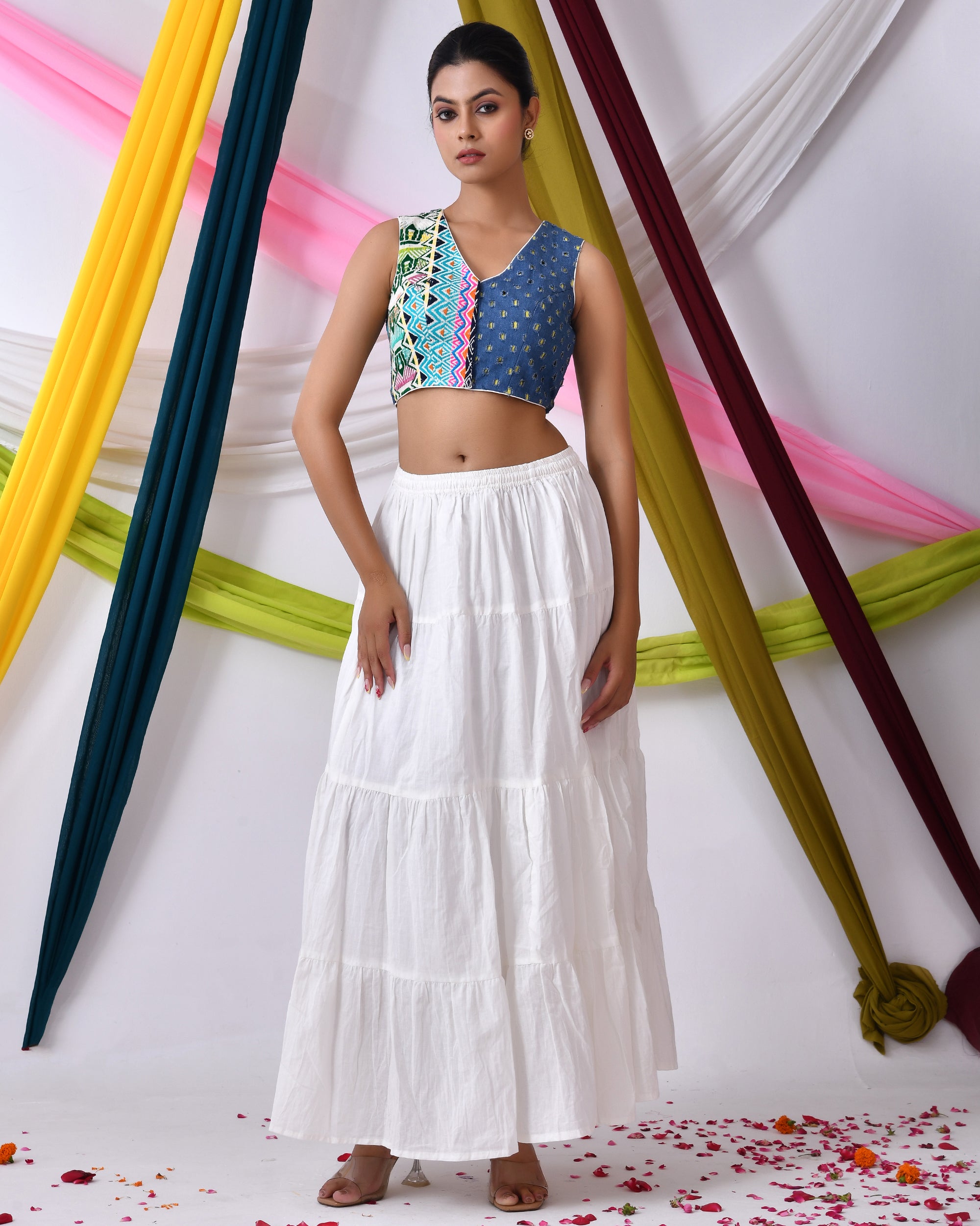 Denim Jacquard Sleeveless Padded Blouse with Vibrant Patterns