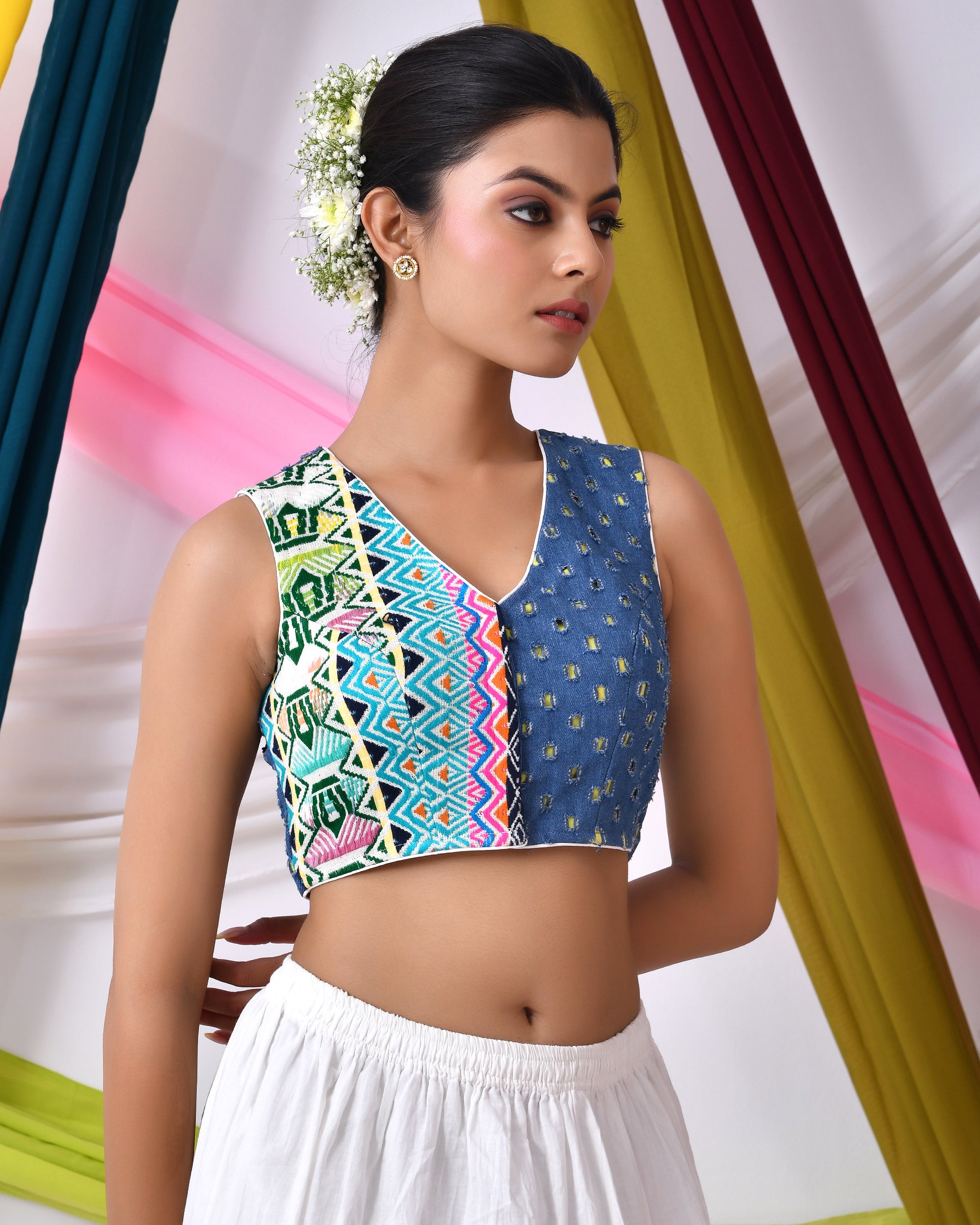 Denim Jacquard Sleeveless Padded Blouse with Vibrant Patterns