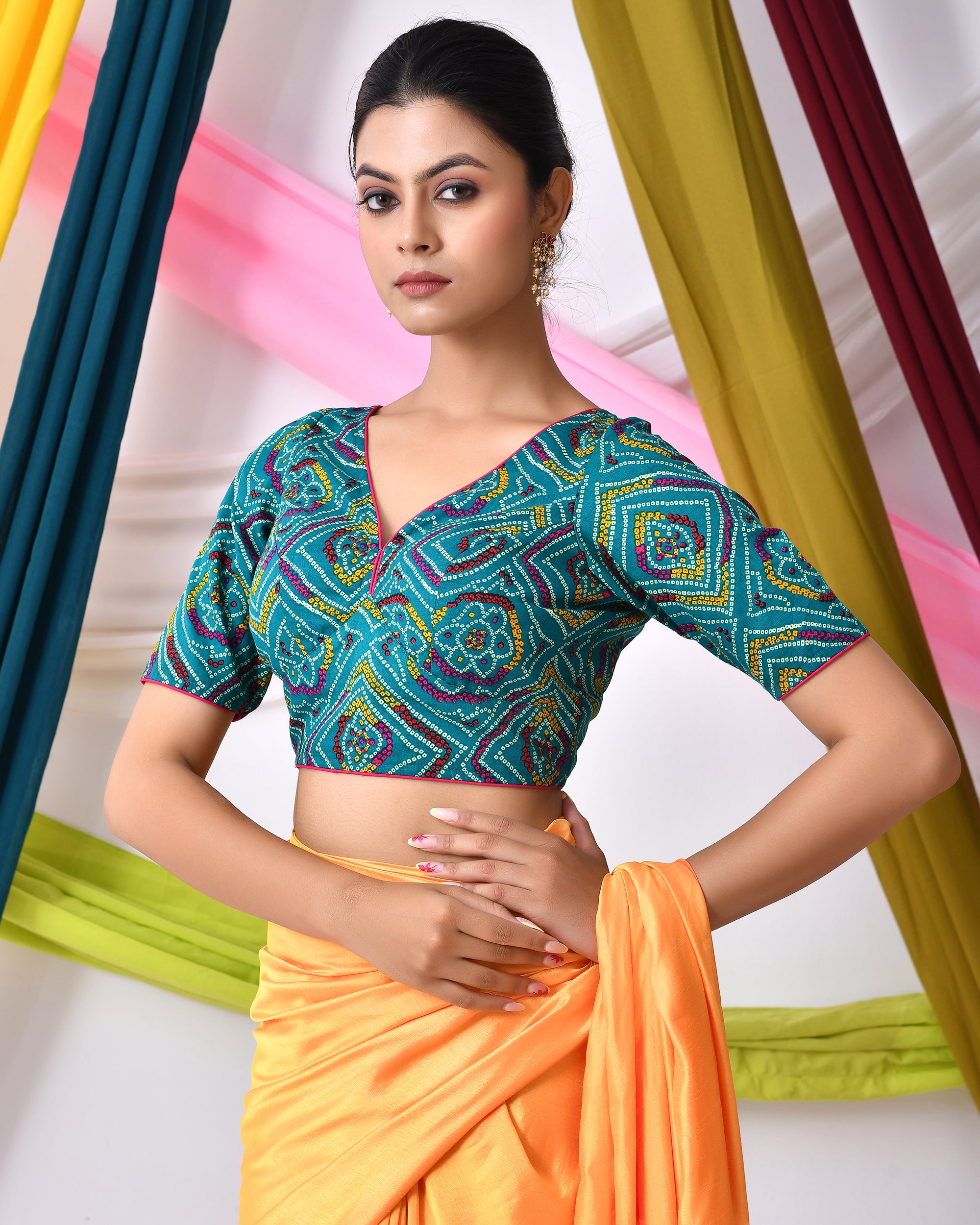 Green Bandhej Printed Cotton Padded Blouse