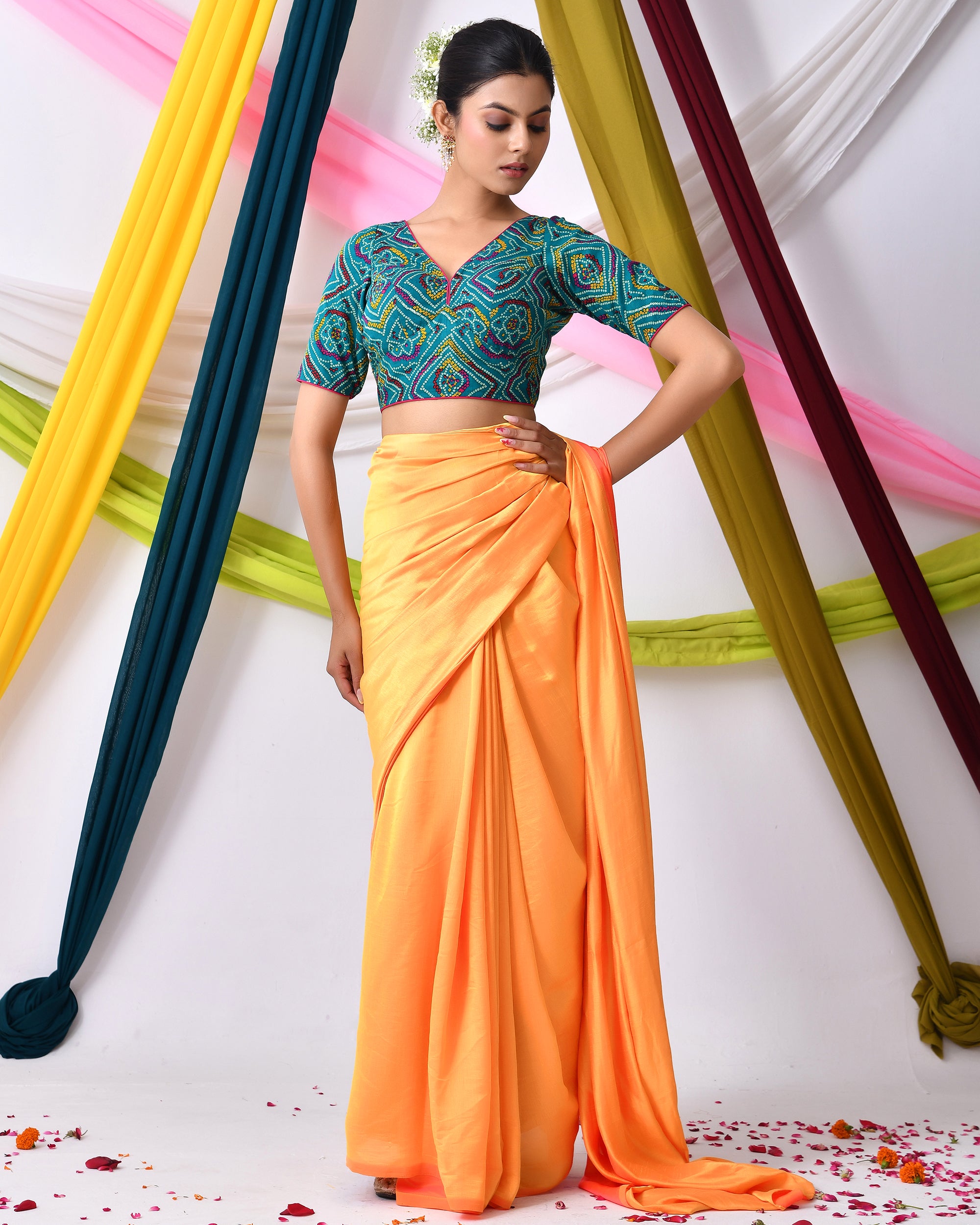 Green Bandhej Printed Cotton Padded Blouse