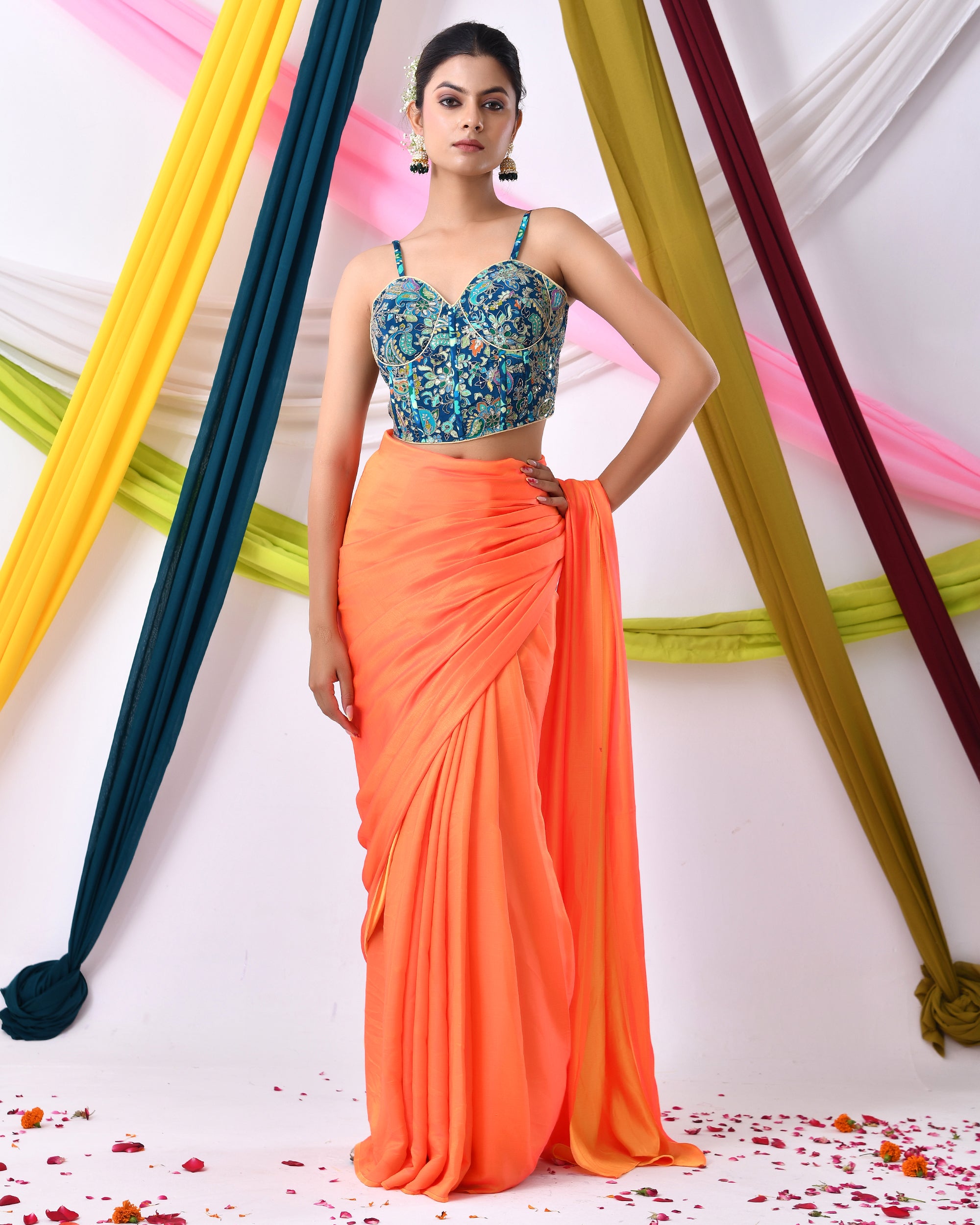 Multicolour Embroidered Bustier Corset Style Teal Blouse with Tie-up Back