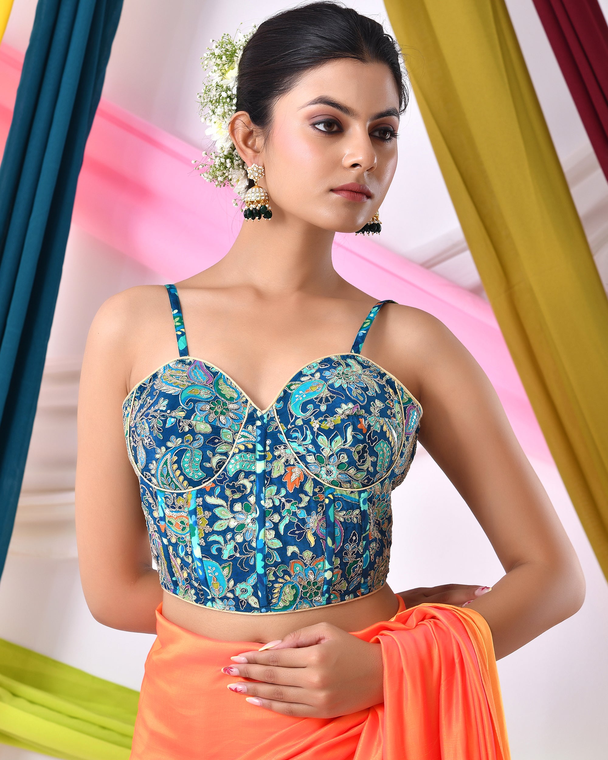 Multicolour Embroidered Bustier Corset Style Teal Blouse with Tie-up Back