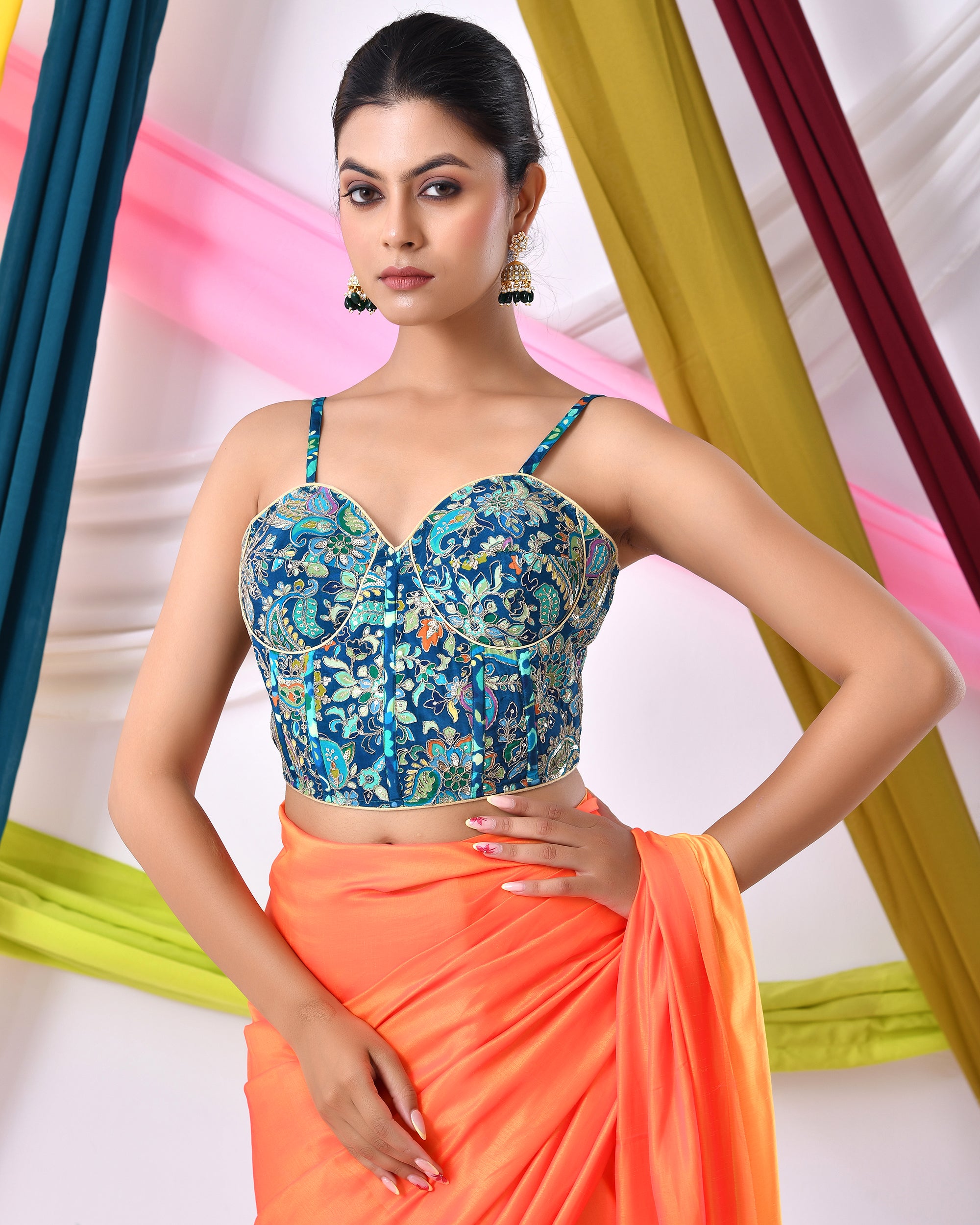 Multicolour Embroidered Bustier Corset Style Teal Blouse with Tie-up Back