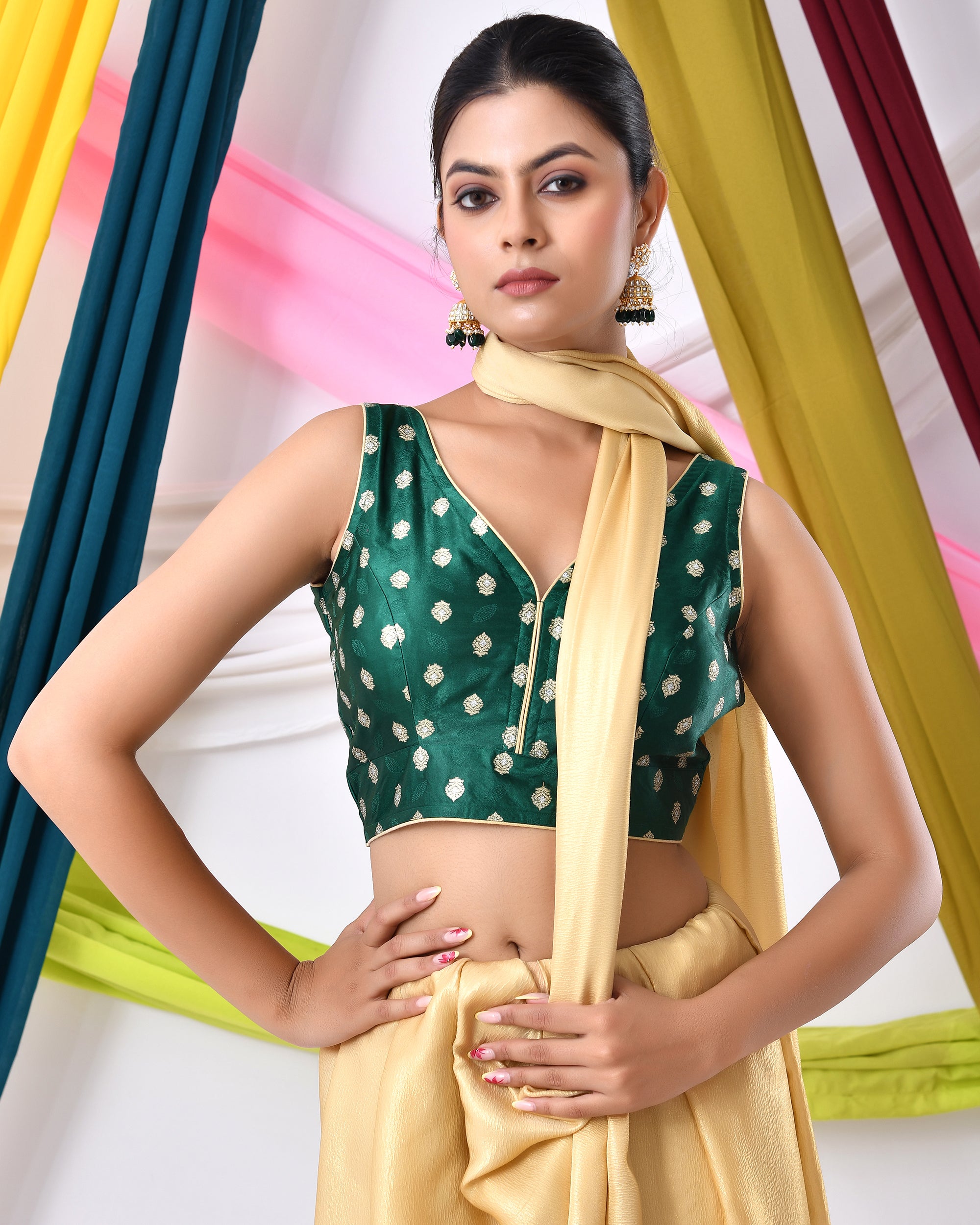 Green Silk V Neck Blouse With Golden Motifs