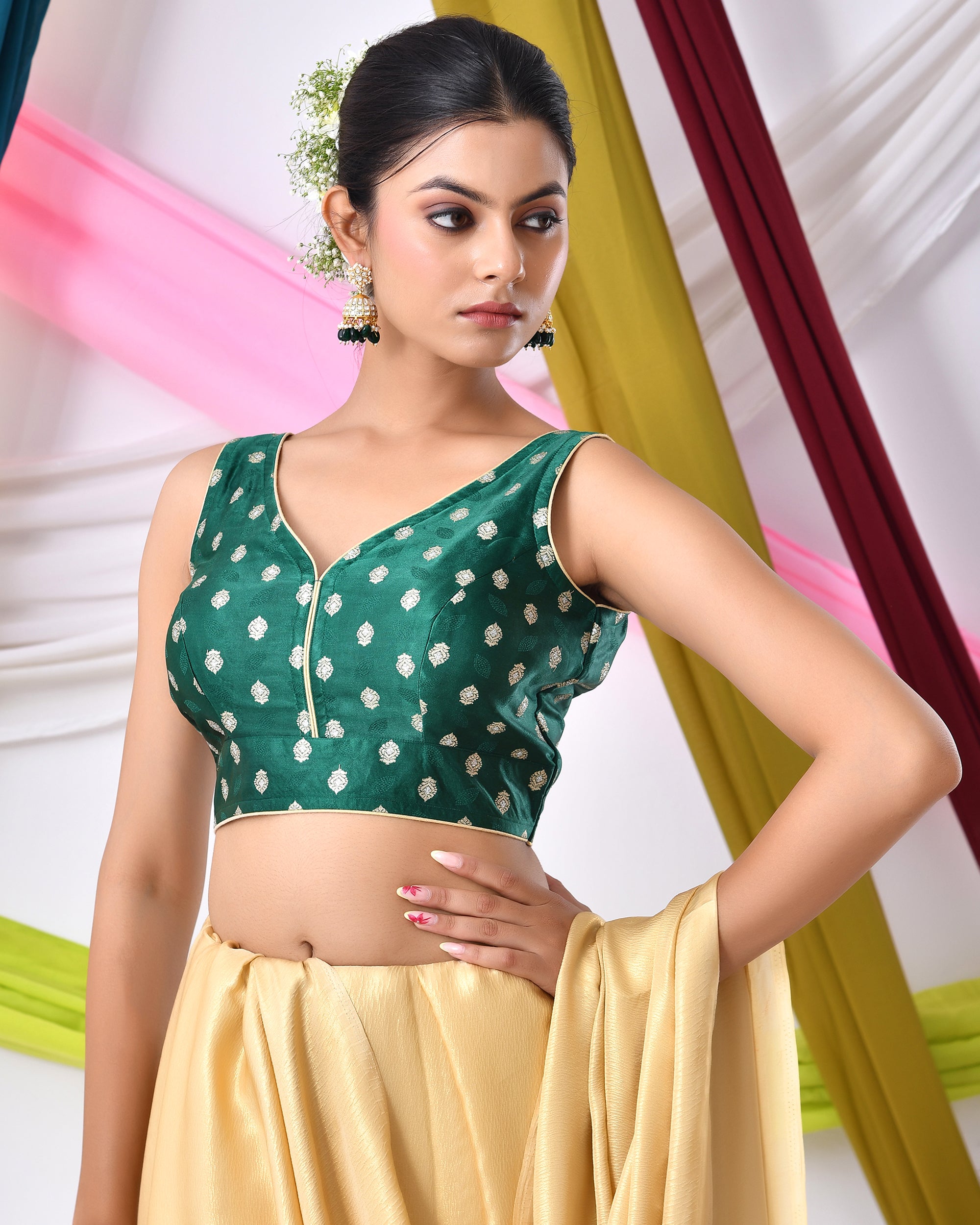 Green Silk V Neck Blouse With Golden Motifs