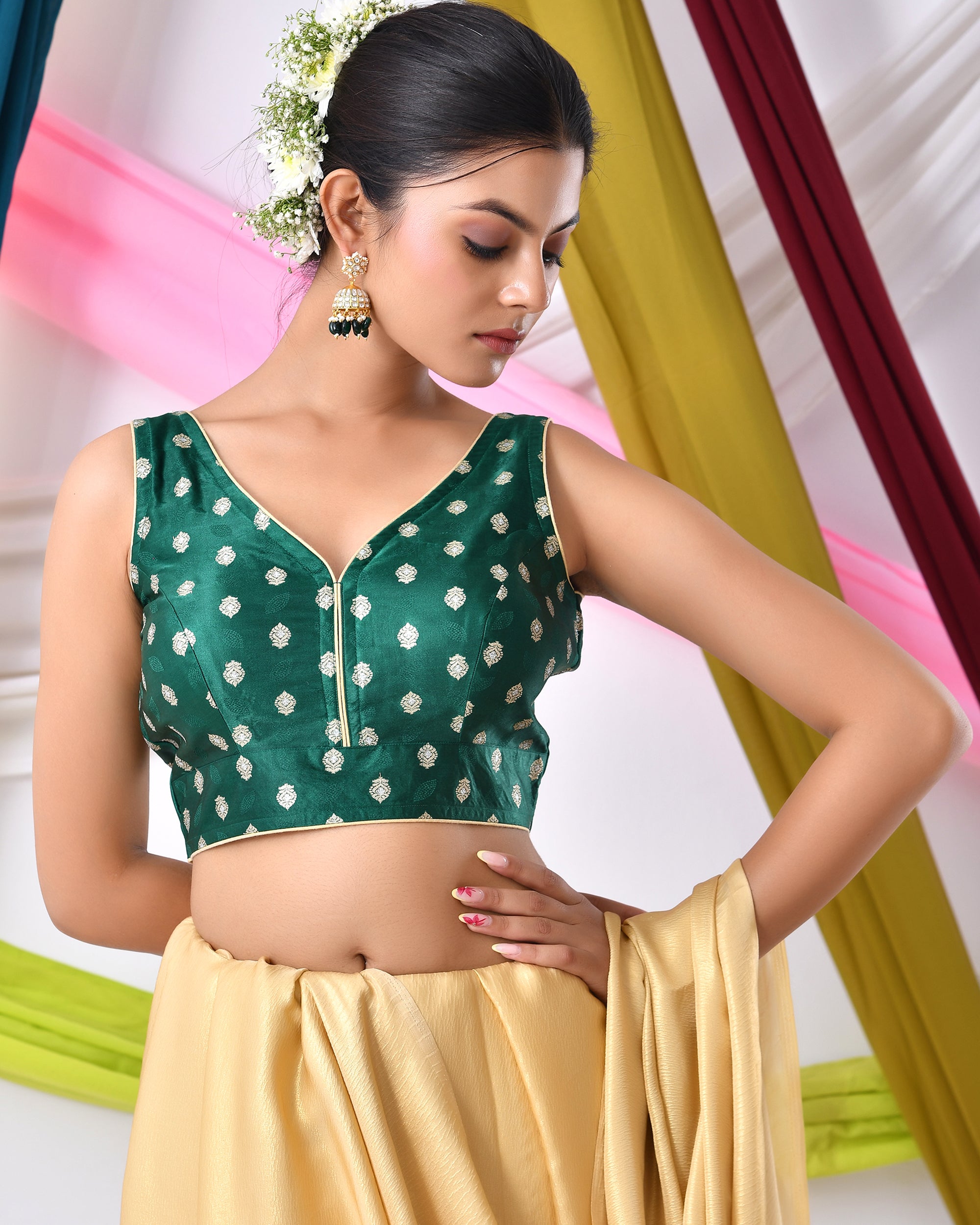 Green Silk V Neck Blouse With Golden Motifs