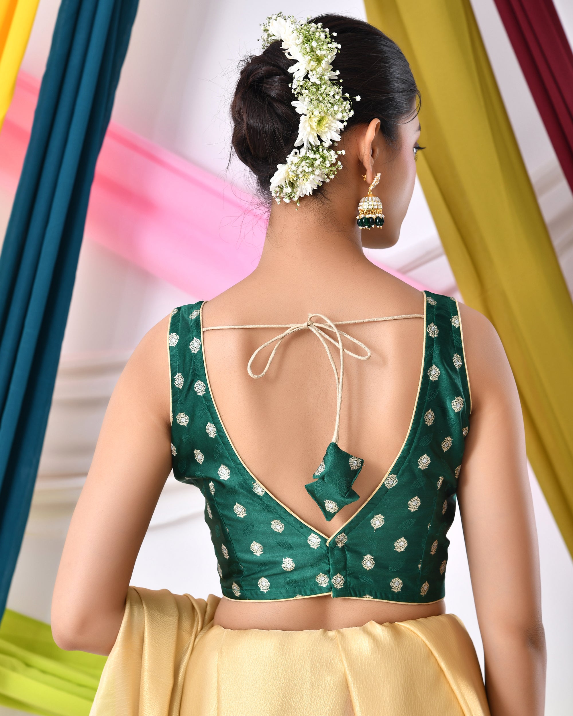Green Silk V Neck Blouse With Golden Motifs