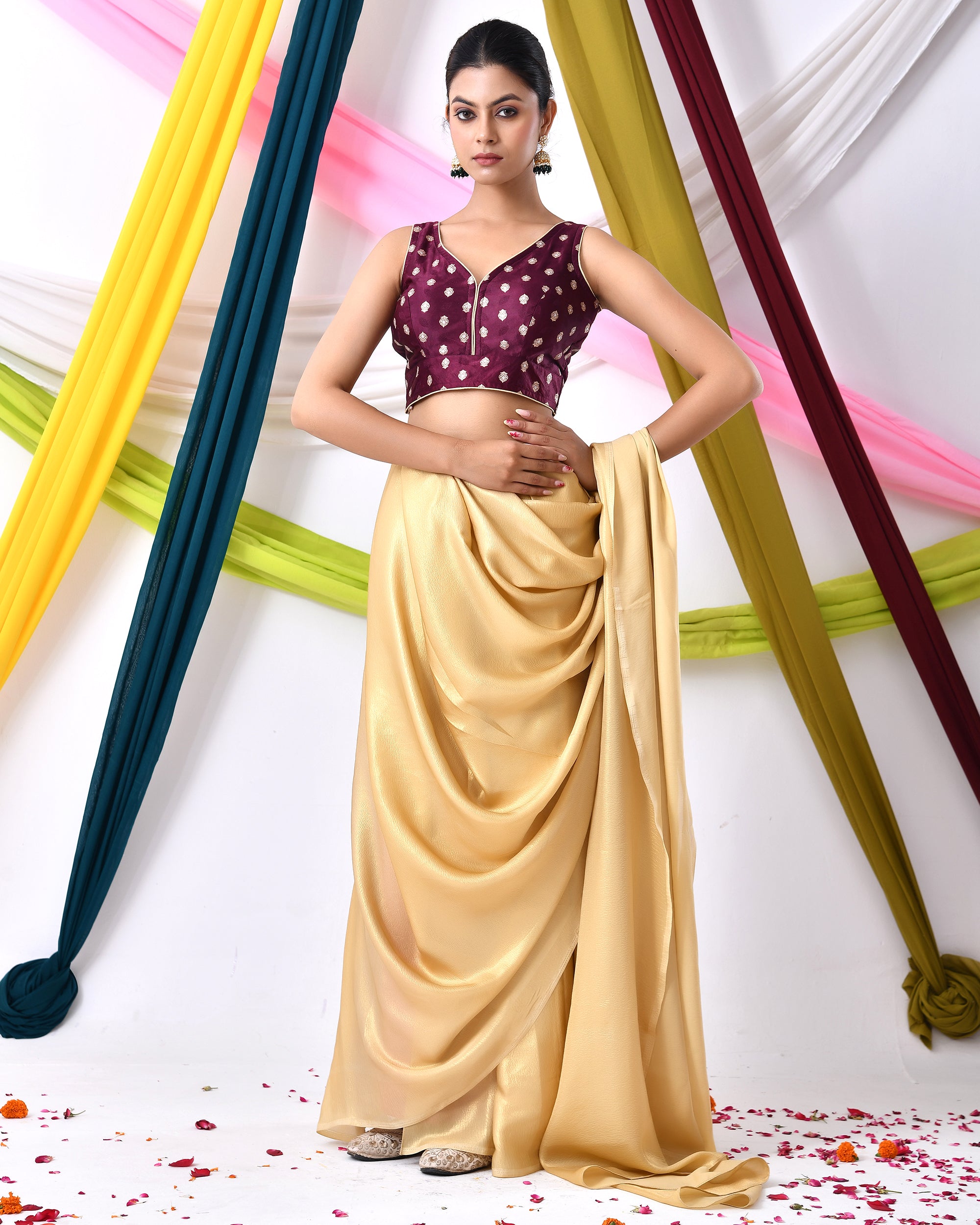 Wine Silk V Neck Blouse With Golden Motifs