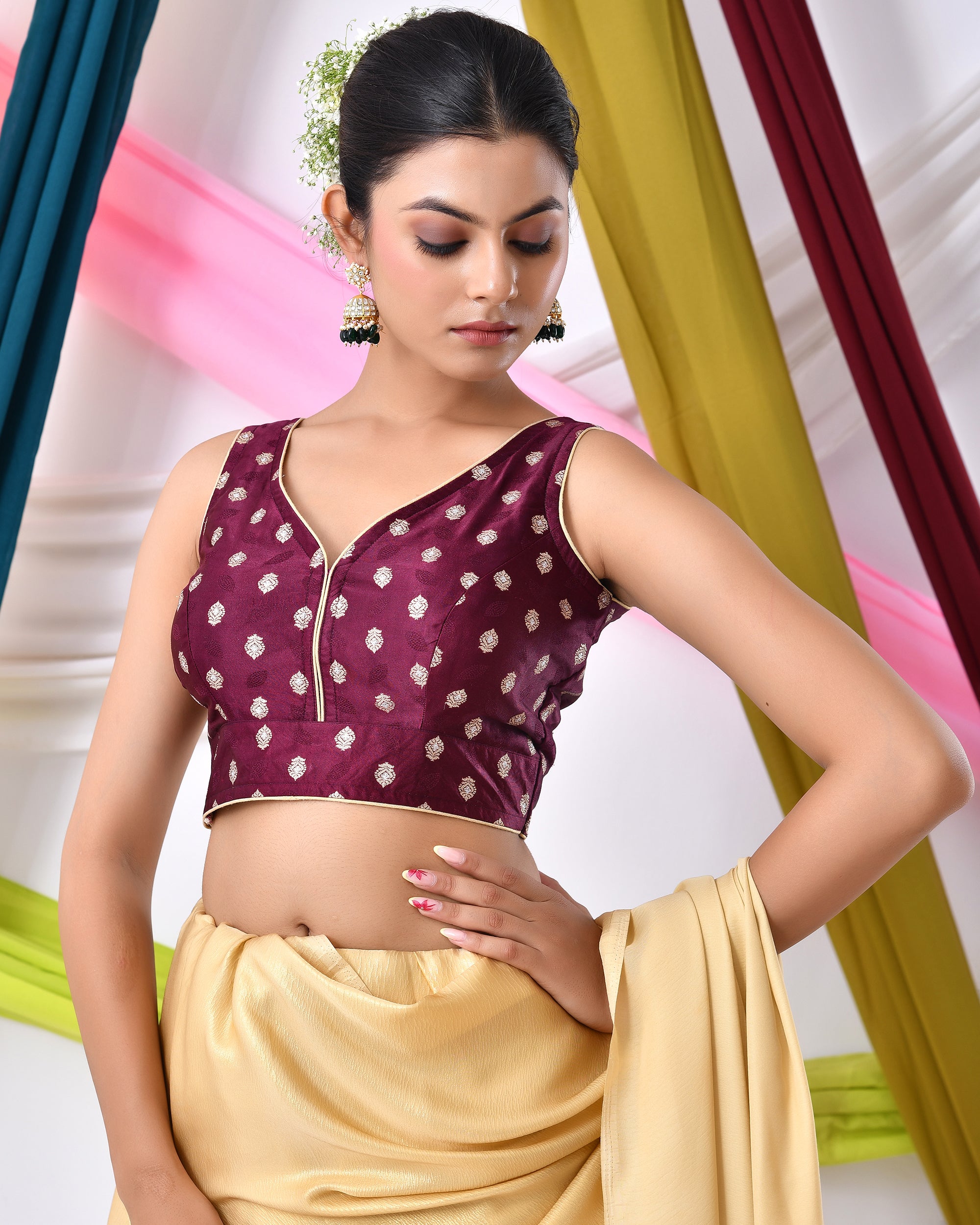 Wine Silk V Neck Blouse With Golden Motifs