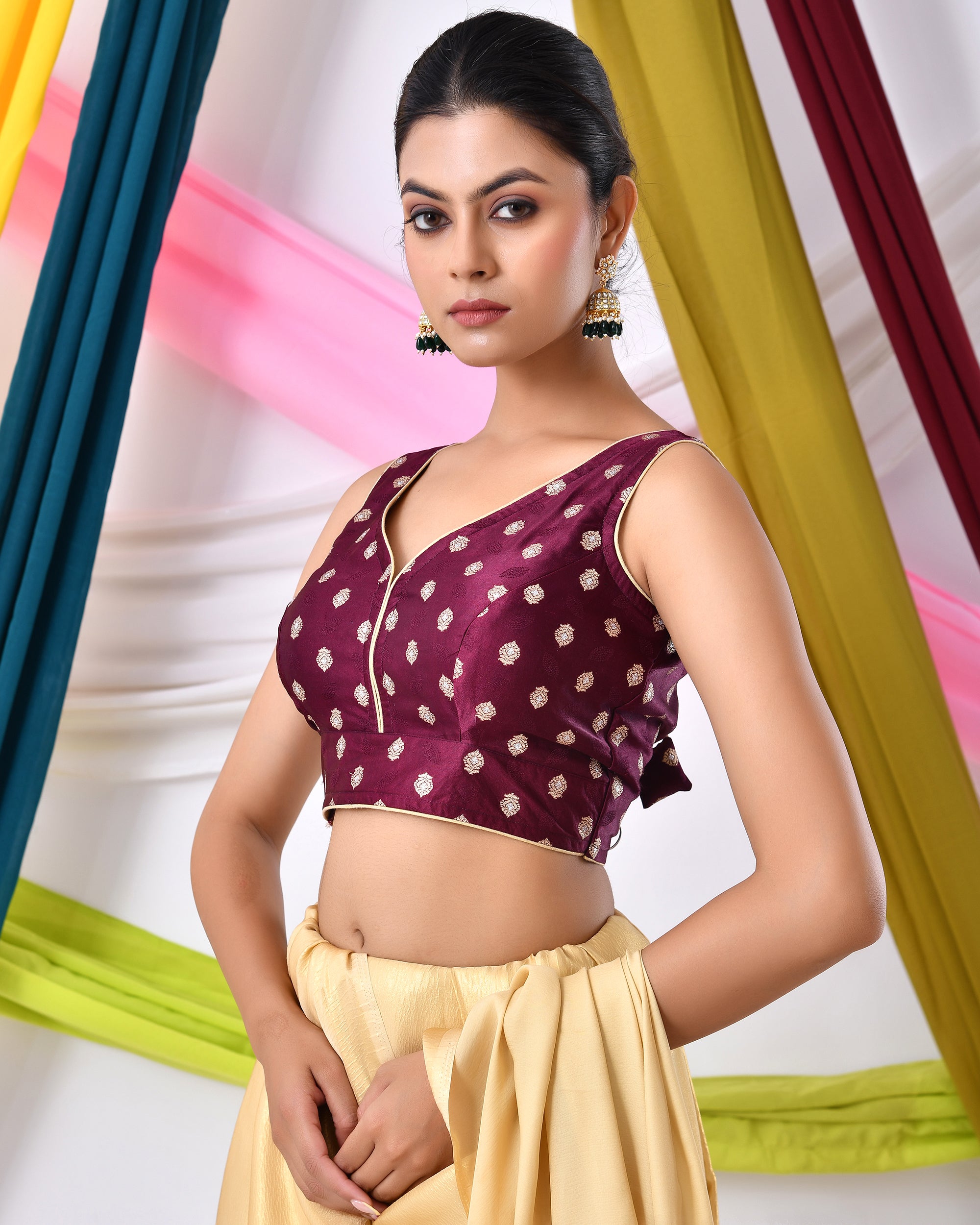 Wine Silk V Neck Blouse With Golden Motifs