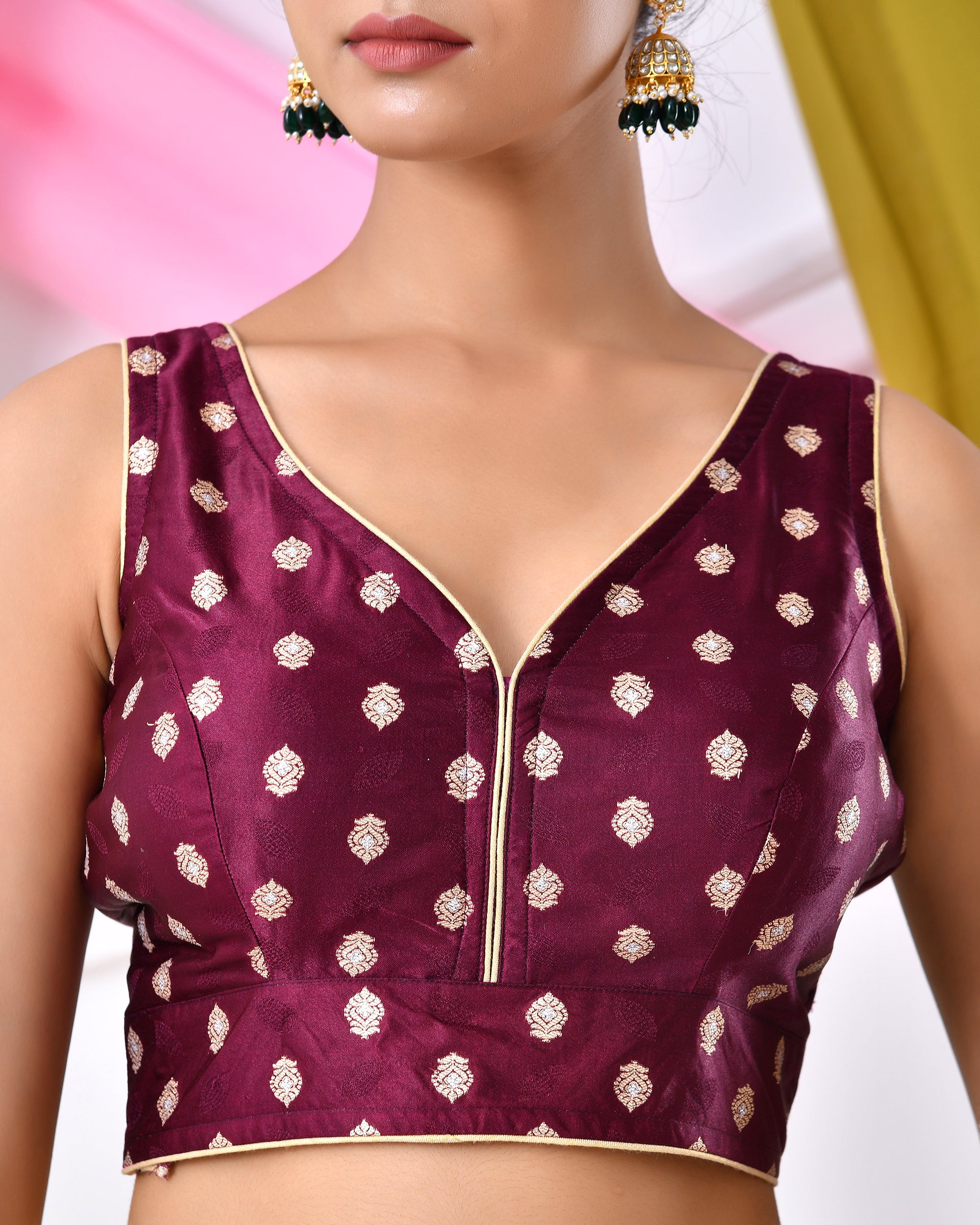 Wine Silk V Neck Blouse With Golden Motifs