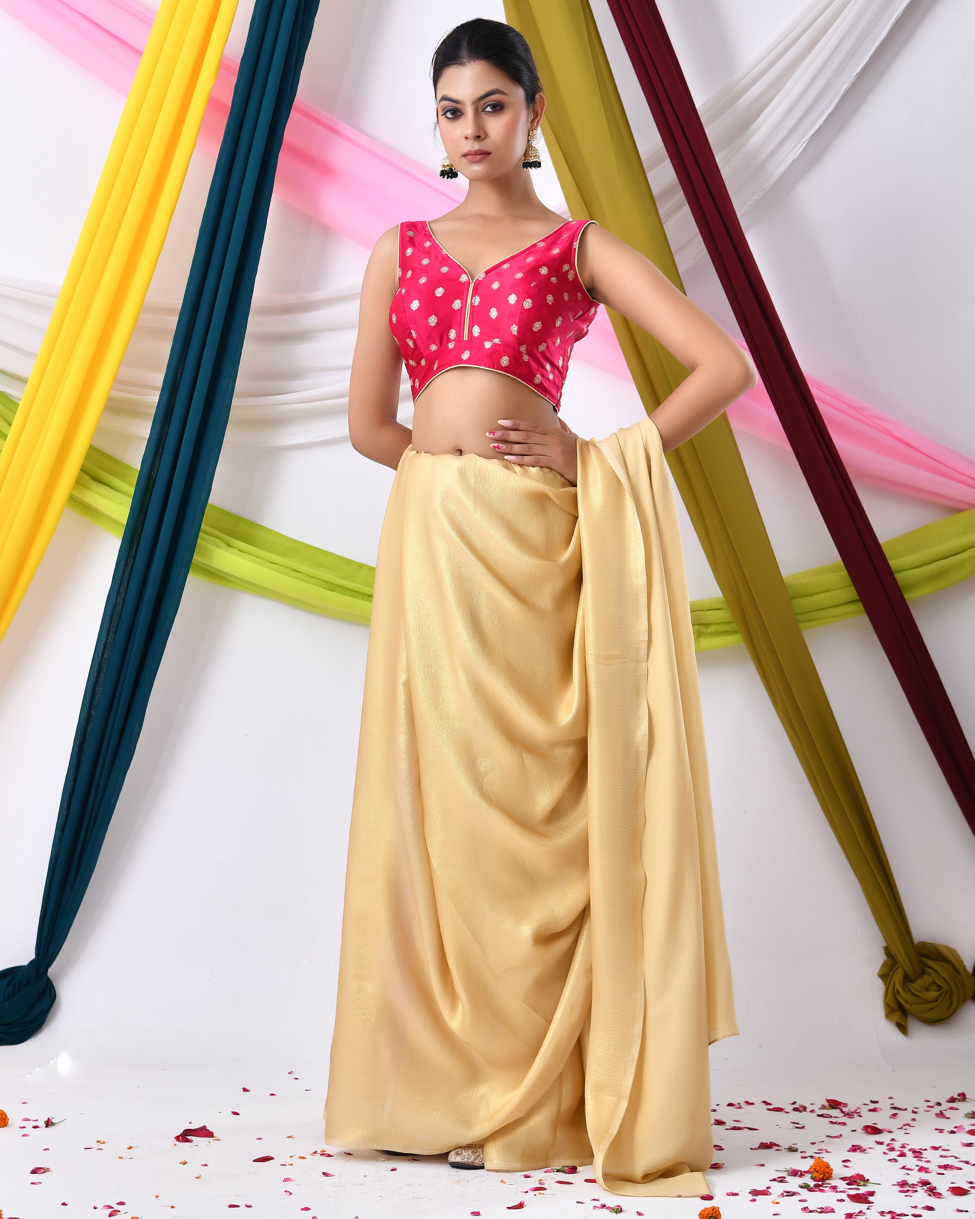 Magenta Silk V Neck Blouse With Golden Motifs