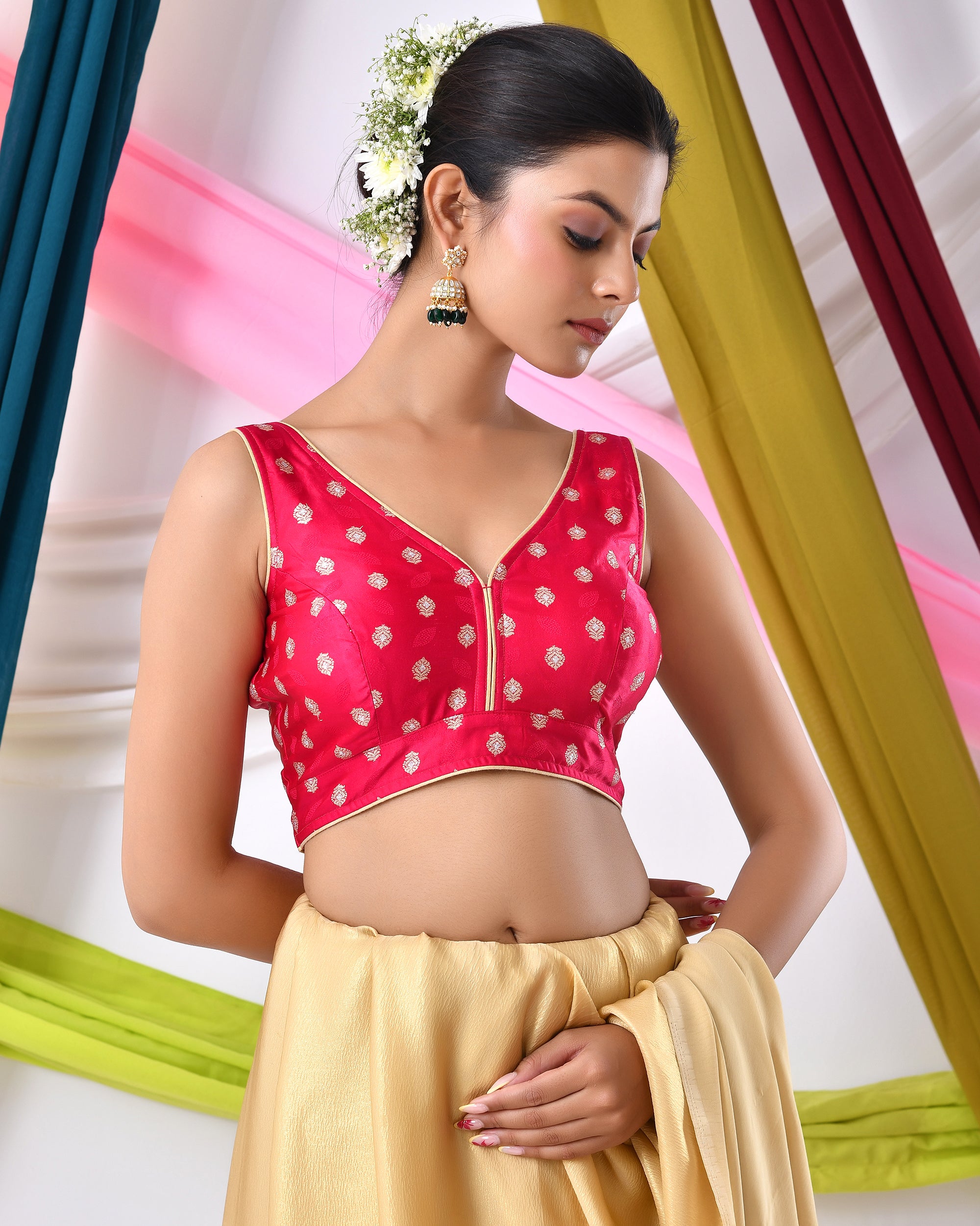 Magenta Silk V Neck Blouse With Golden Motifs