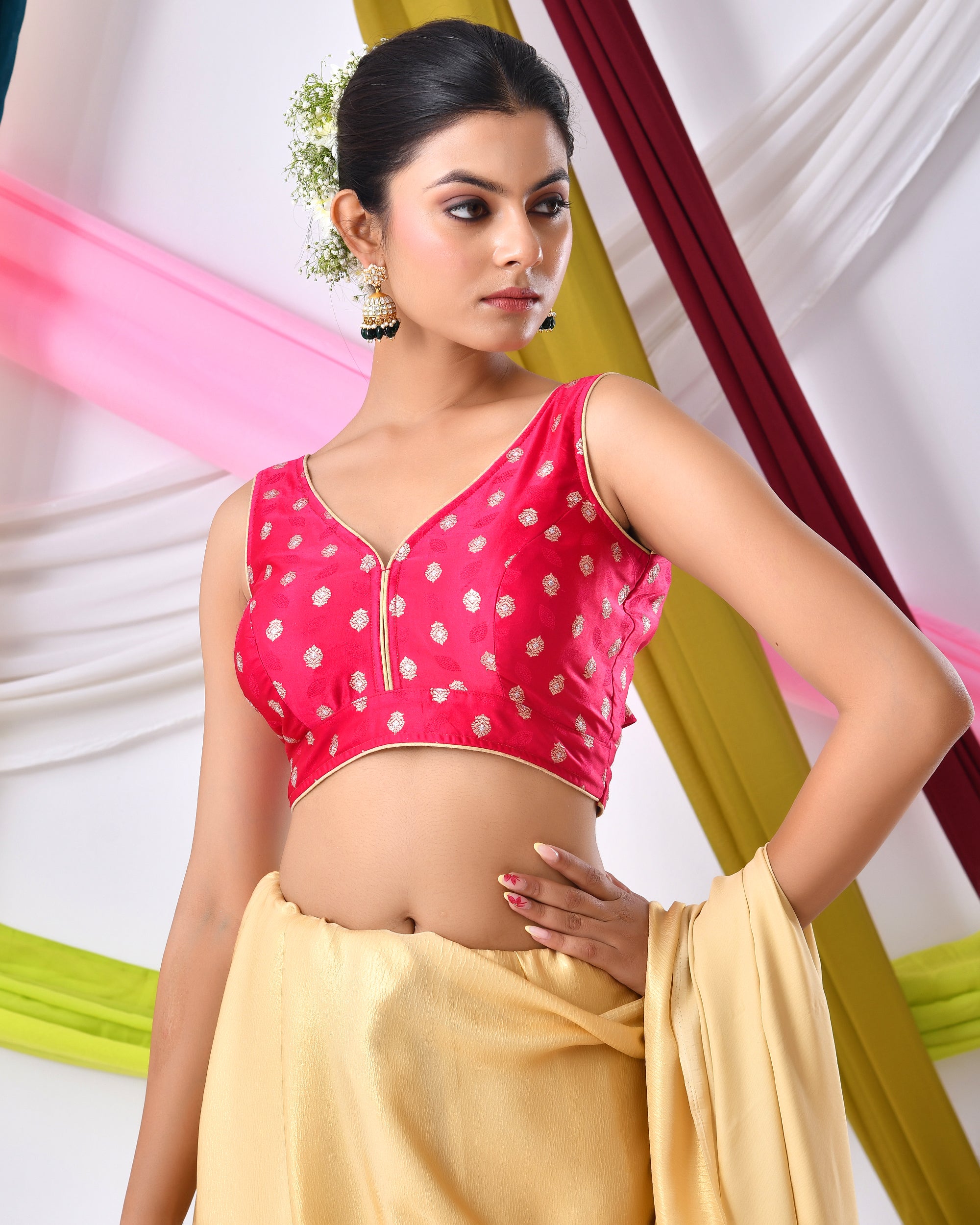 Magenta Silk V Neck Blouse With Golden Motifs