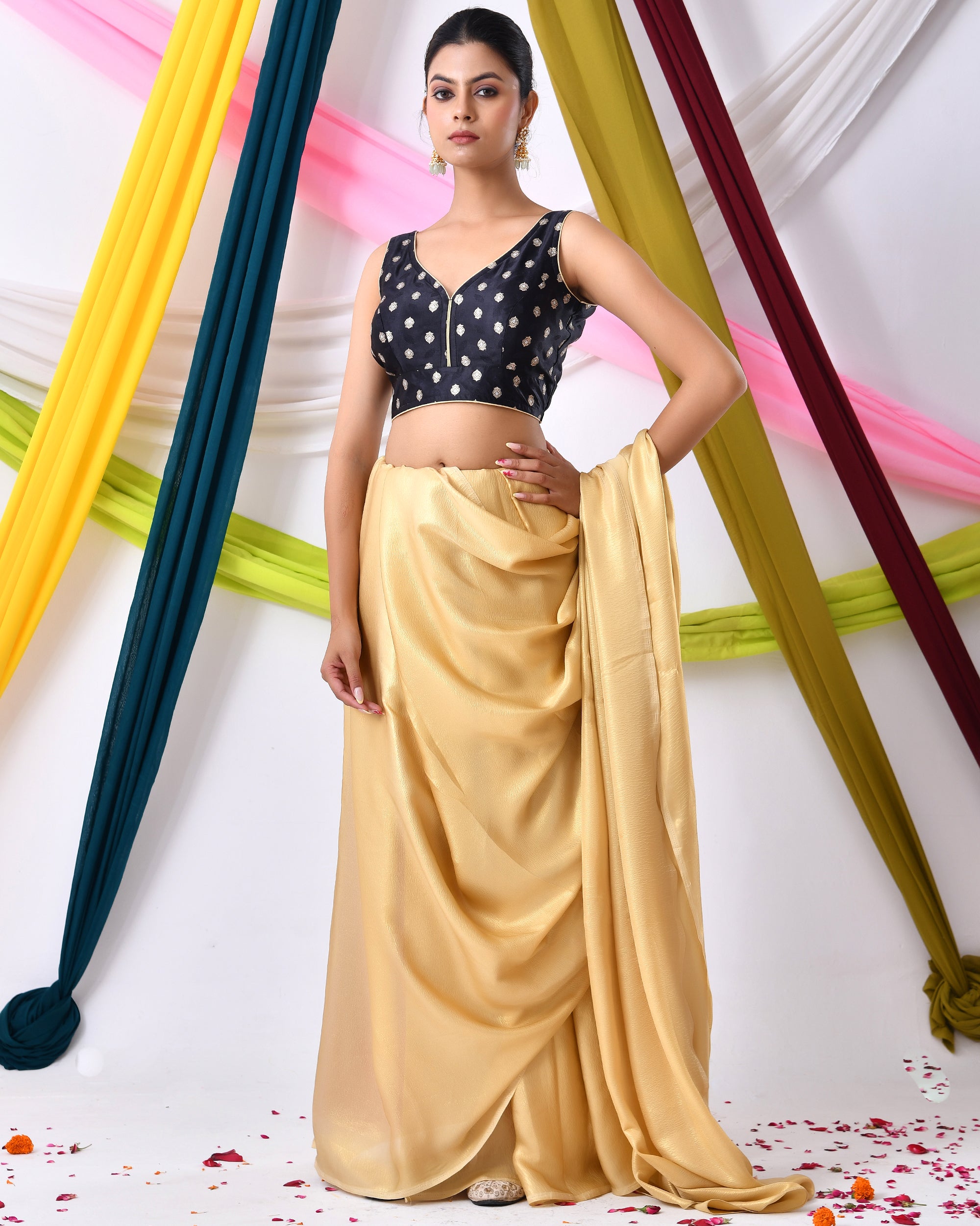 Black Silk V Neck Blouse With Golden Motifs