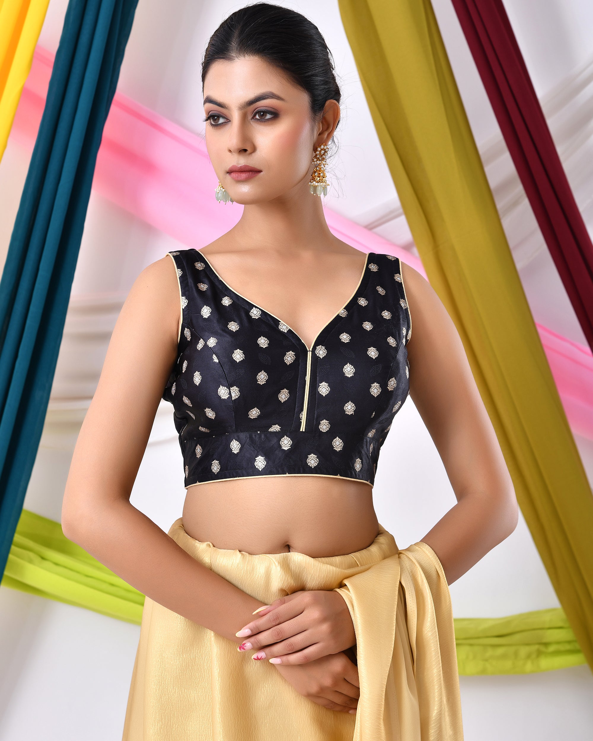 Black Silk V Neck Blouse With Golden Motifs