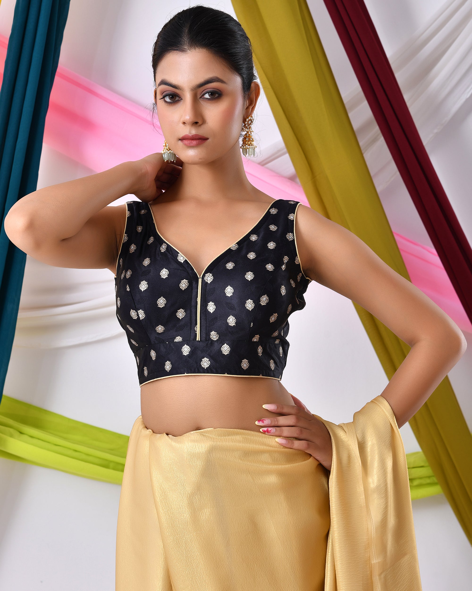 Black Silk V Neck Blouse With Golden Motifs