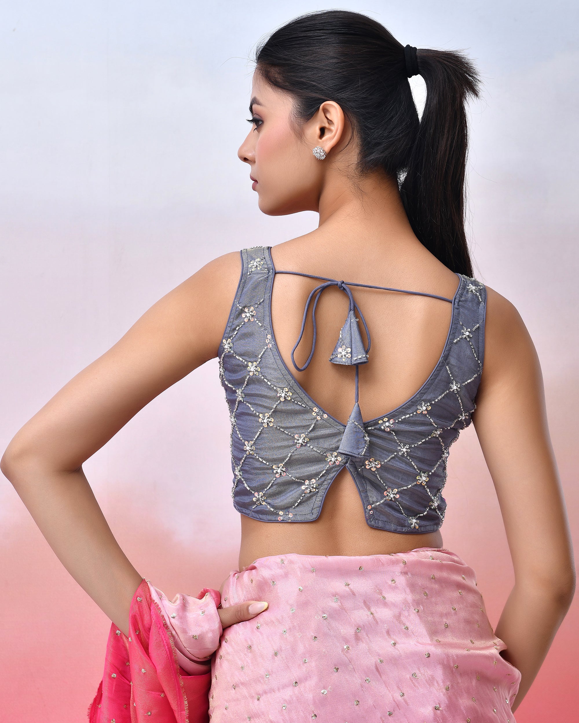 Grey Cutdana Work Tissue Padded Blouse