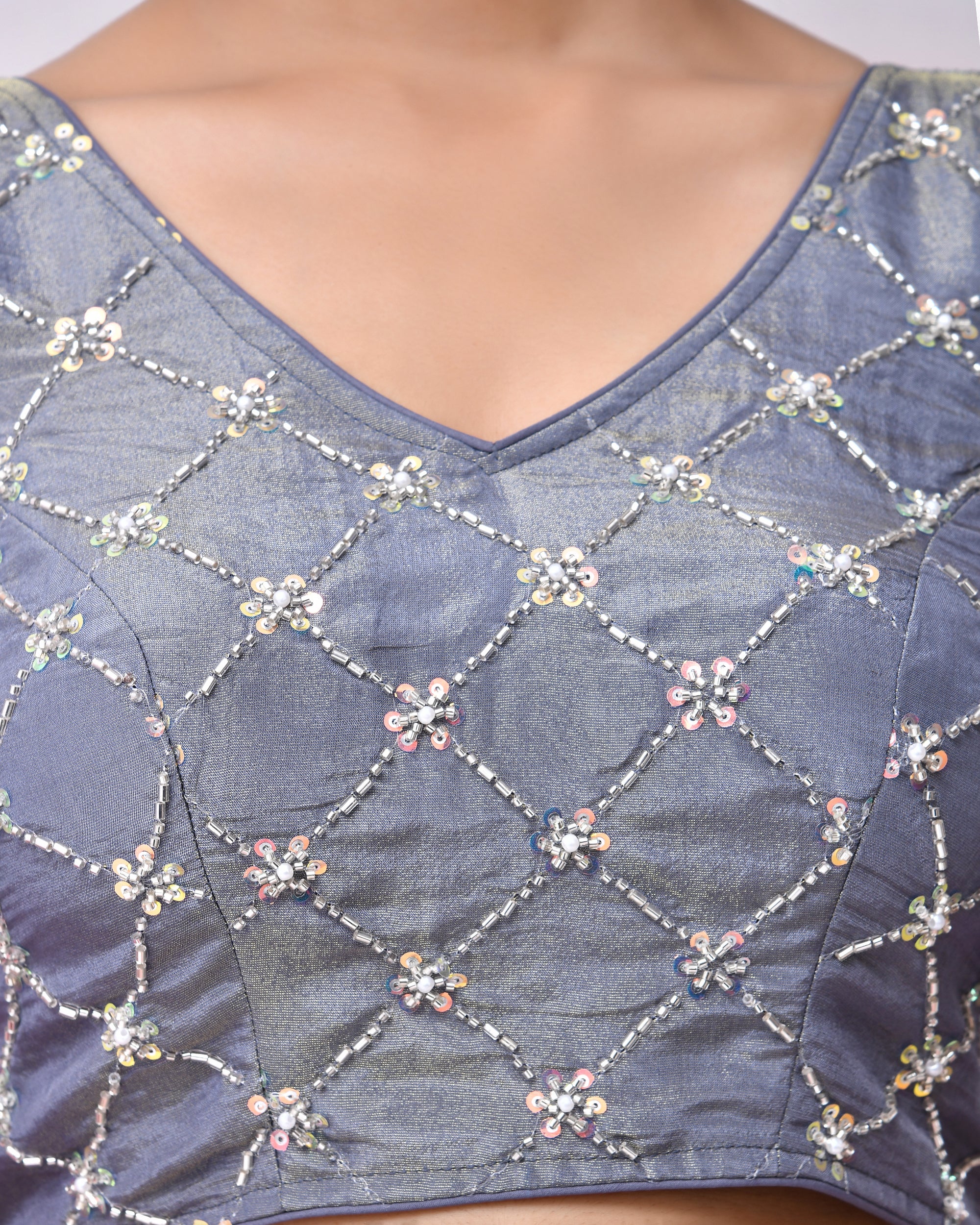 Grey Cutdana Work Tissue Padded Blouse