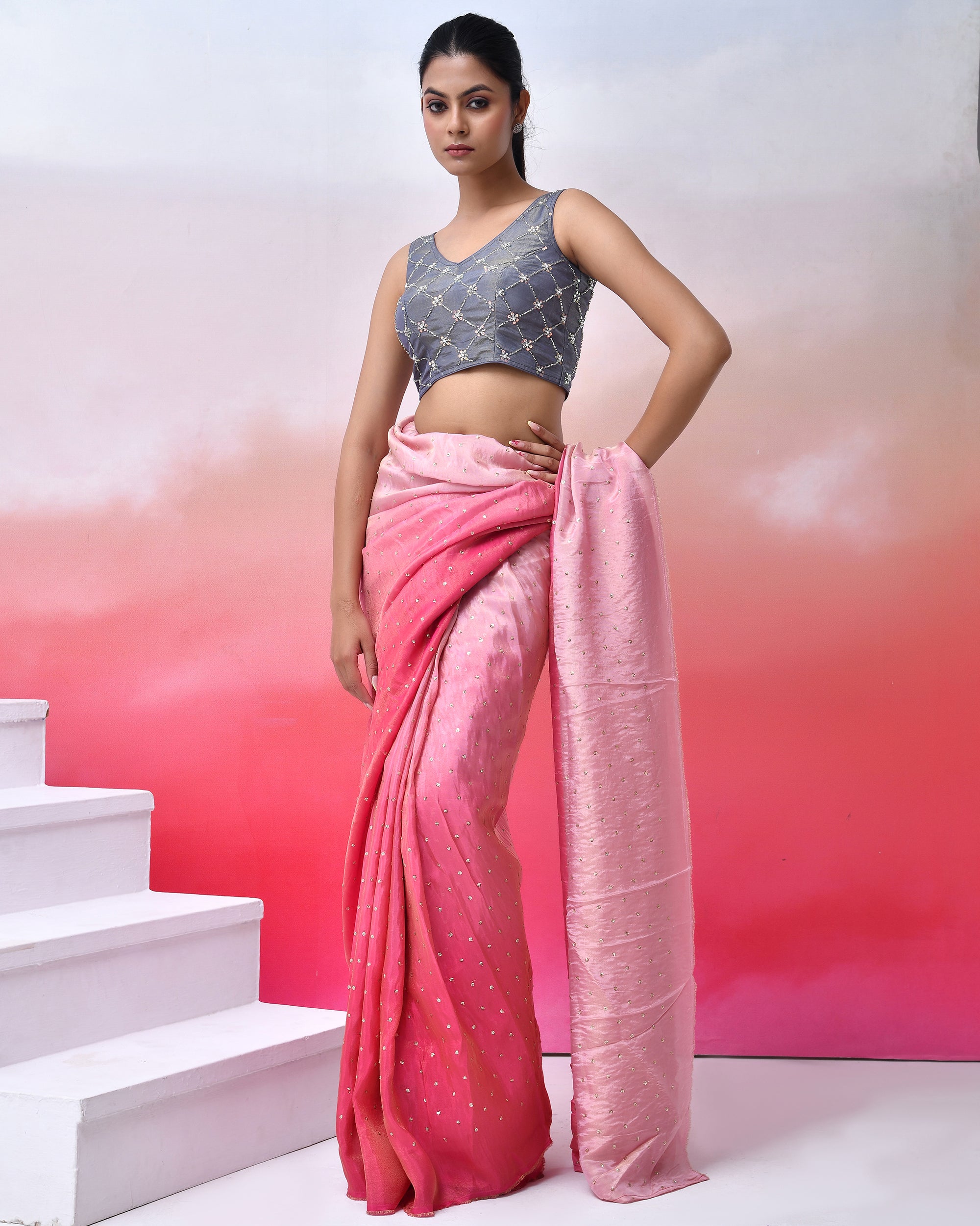 Grey Cutdana Work Tissue Padded Blouse