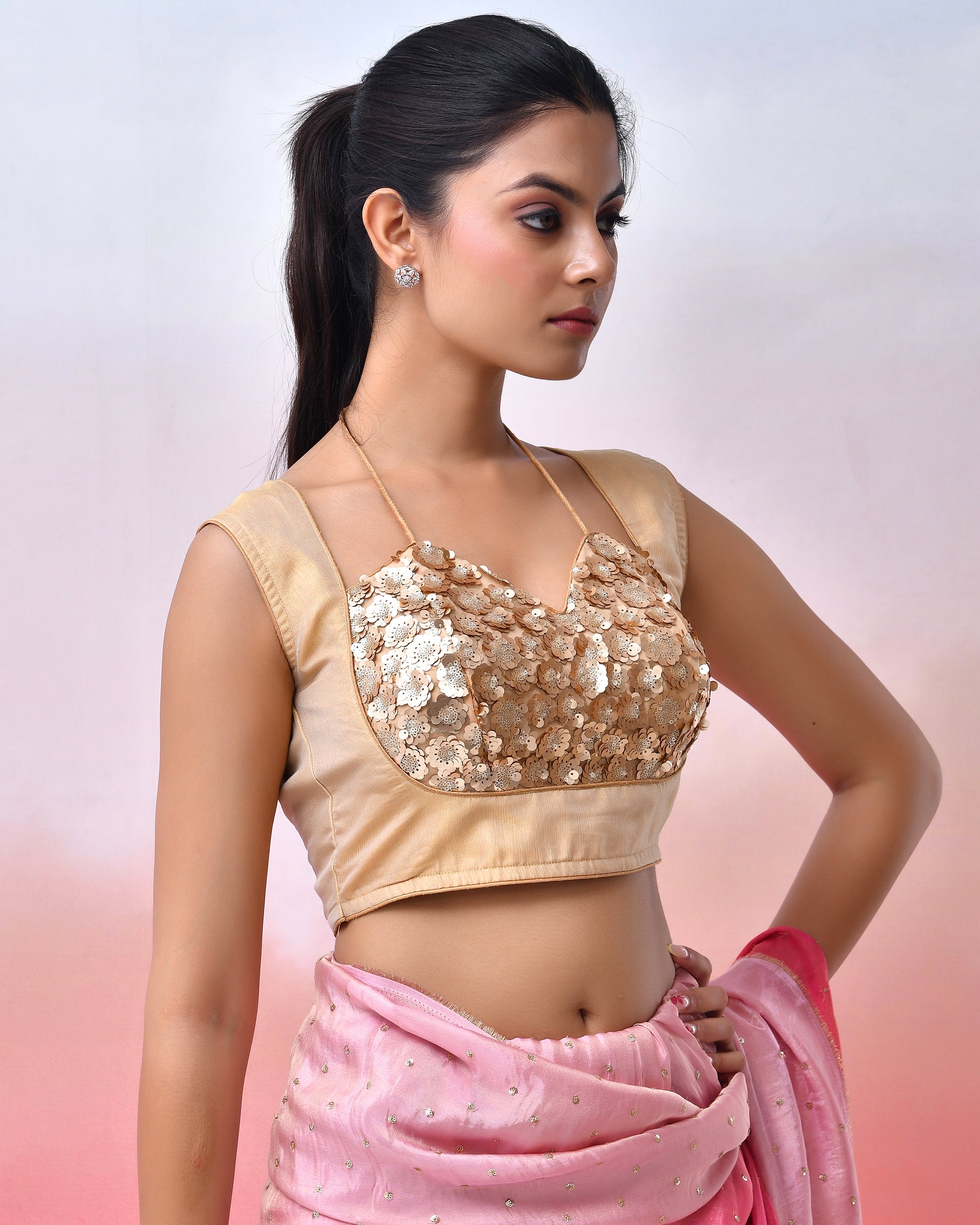 Floral Golden Sequined Masaba Cut Blouse