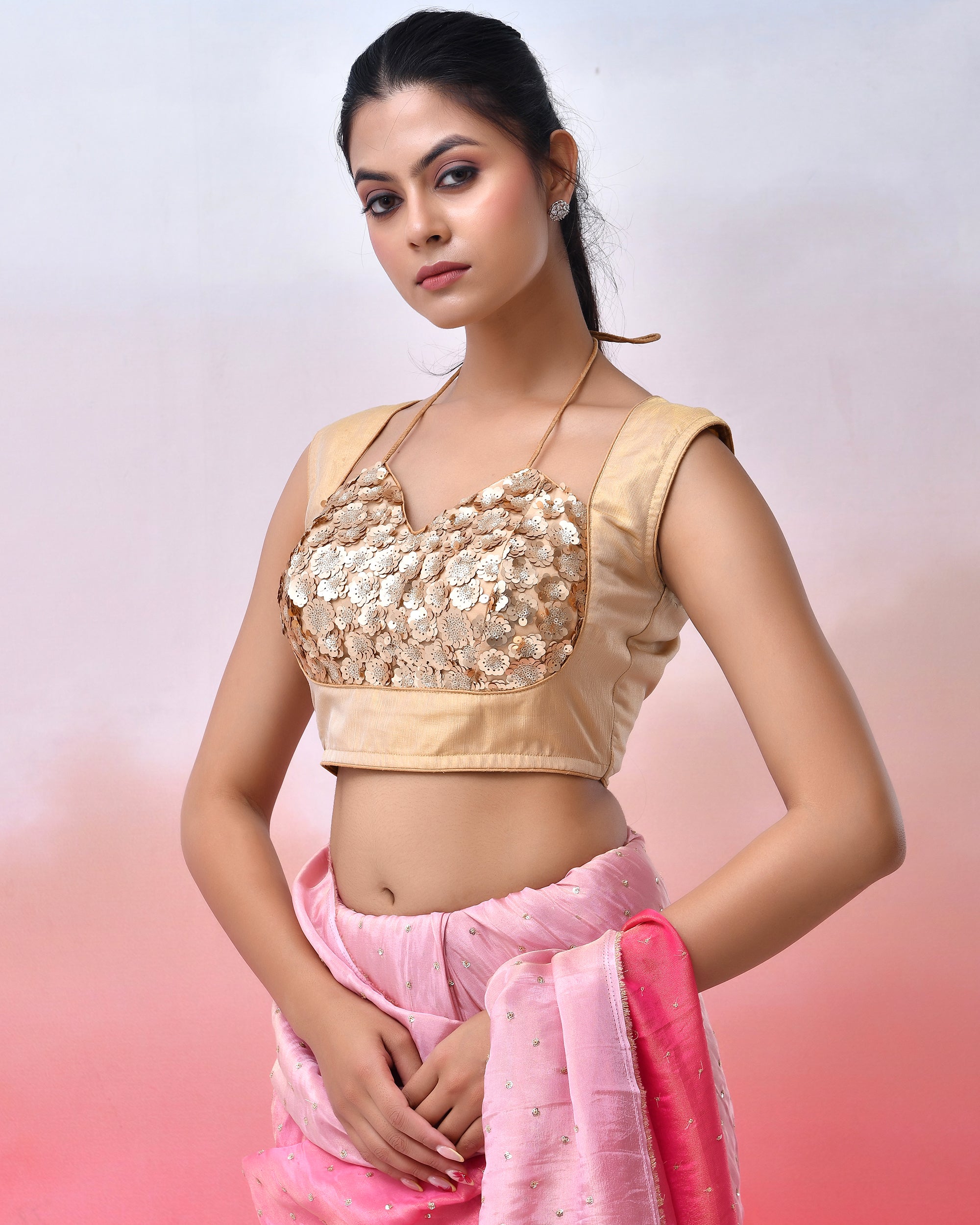 Floral Golden Sequined Masaba Cut Blouse