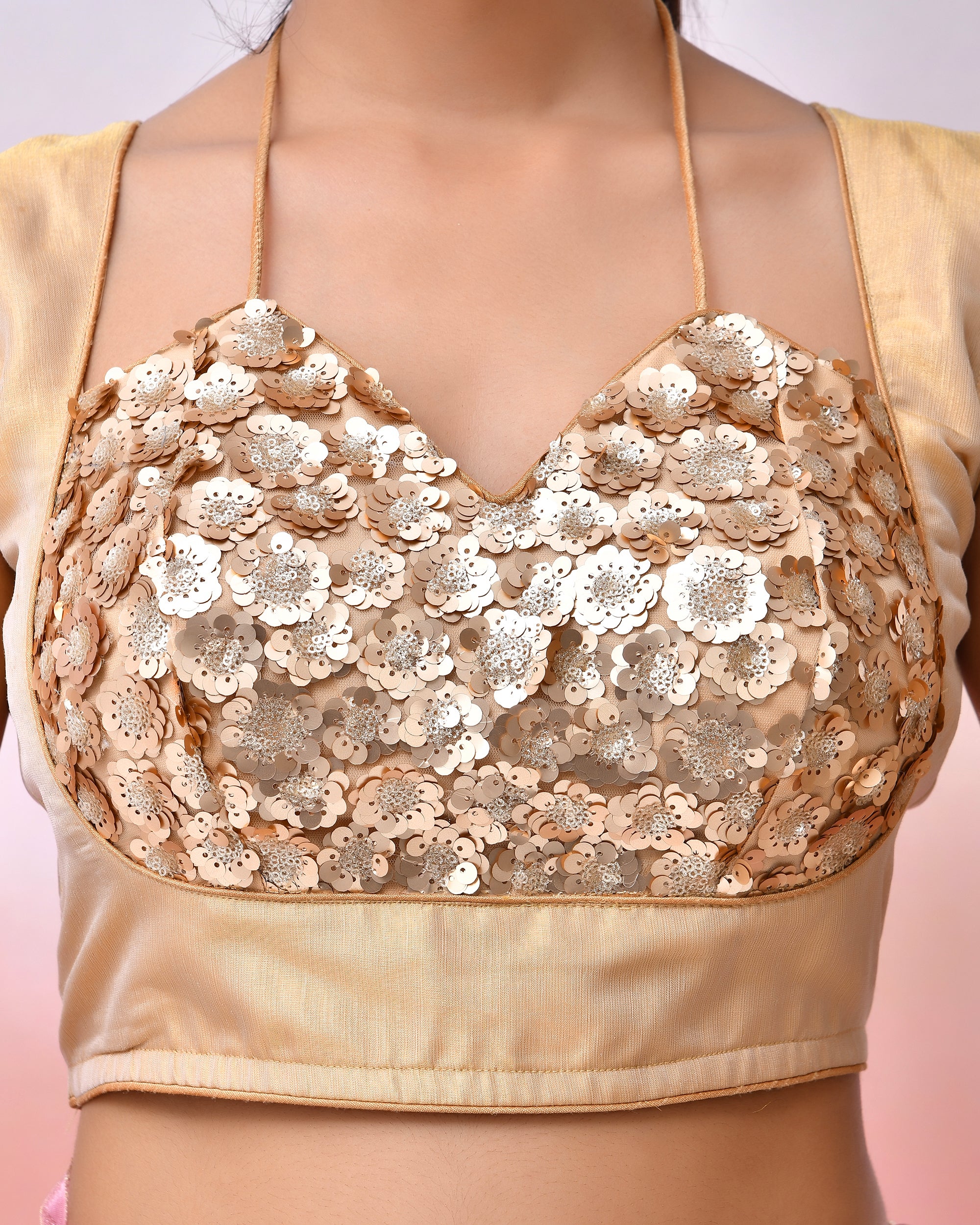 Floral Golden Sequined Masaba Cut Blouse