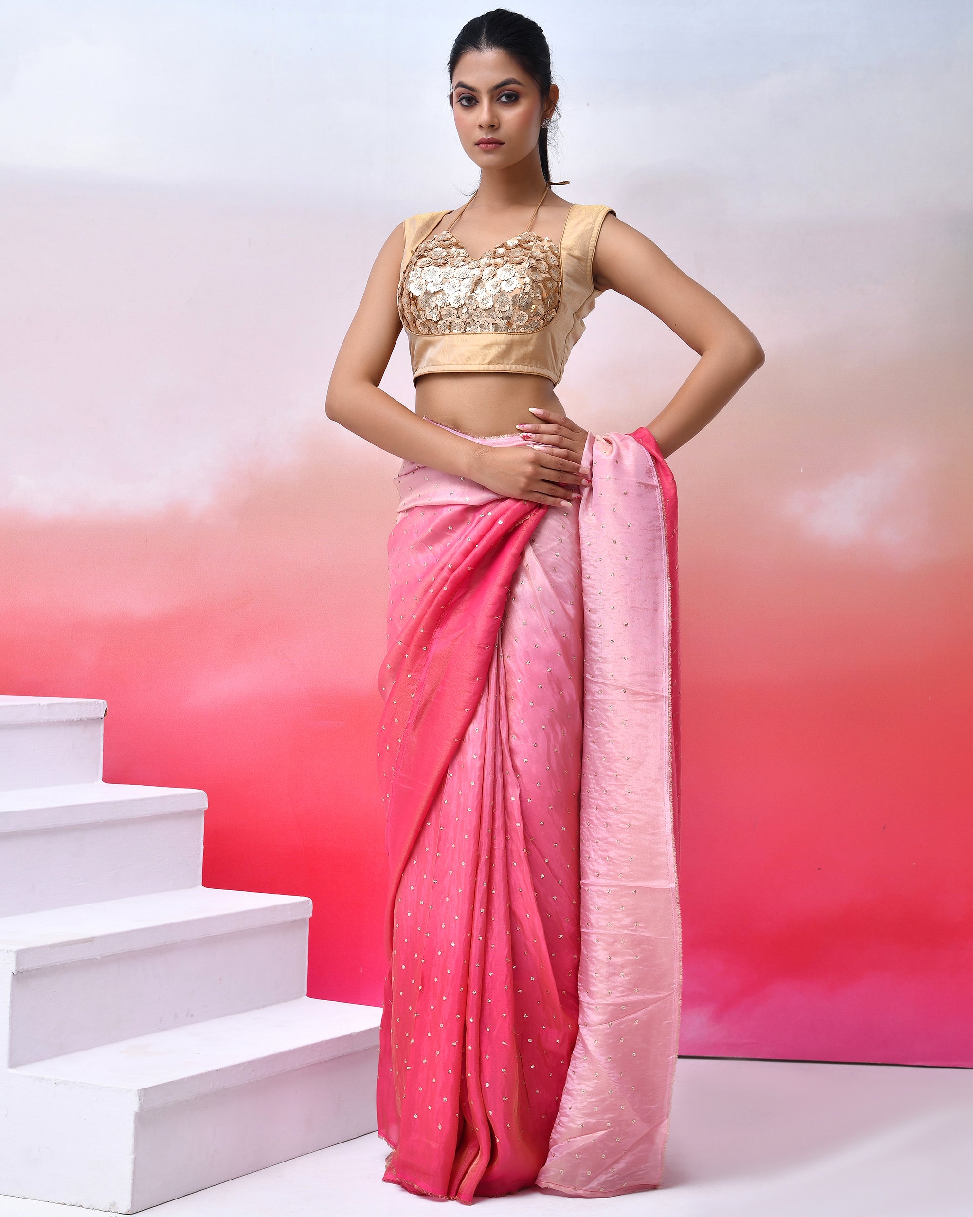 Floral Golden Sequined Masaba Cut Blouse