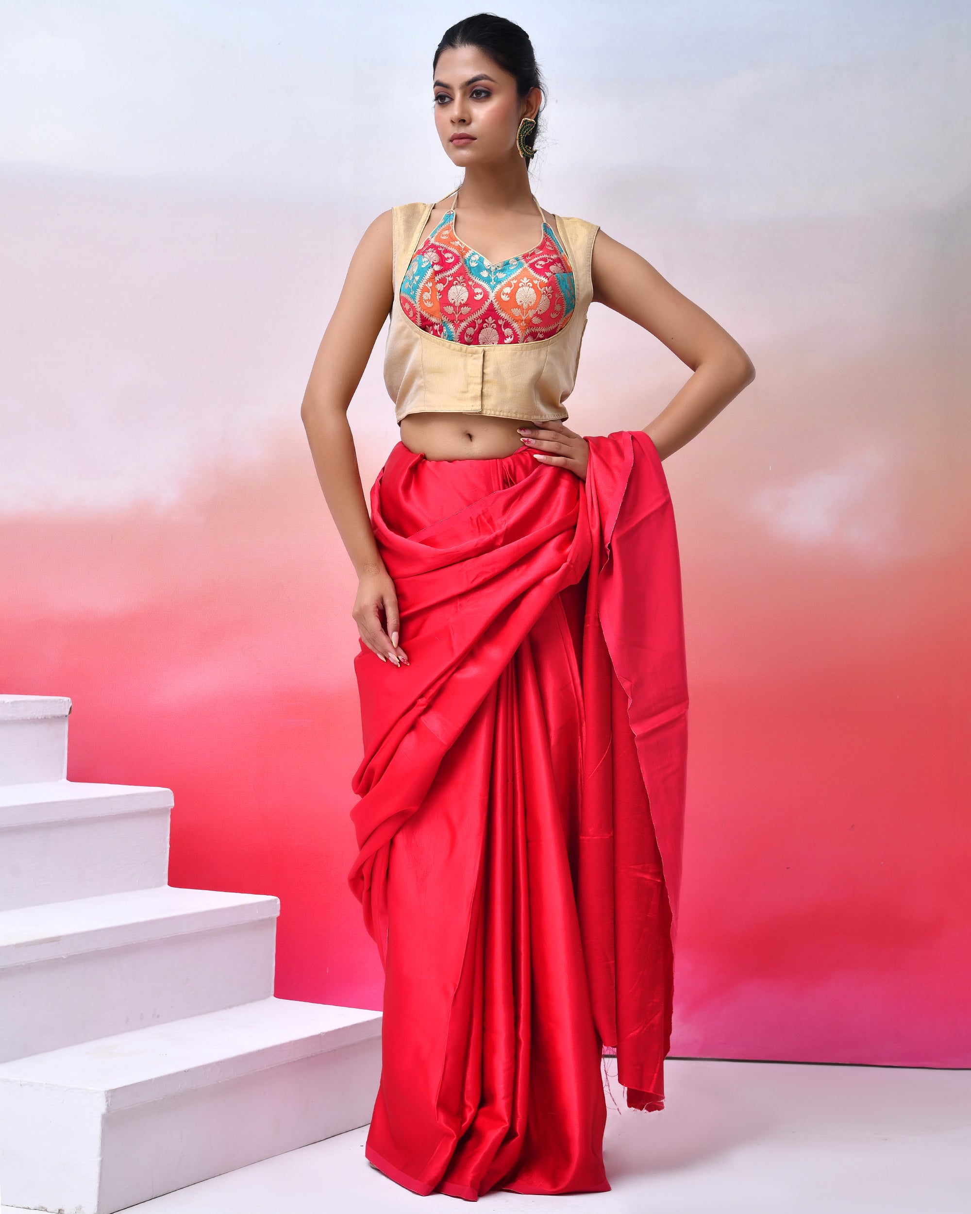 Halter Neck Padded Blouse with Golden Jacket