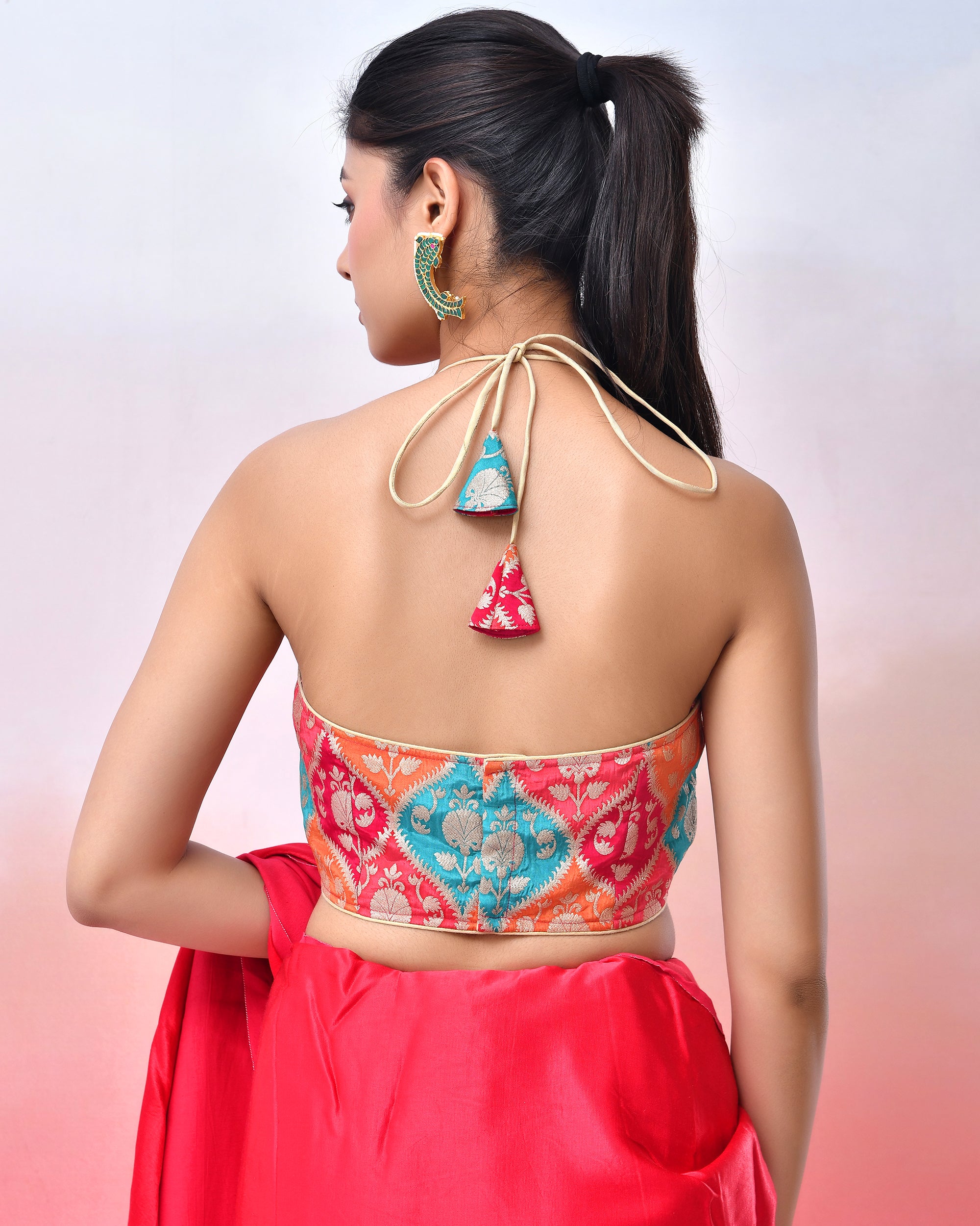 Halter Neck Padded Blouse with Golden Jacket