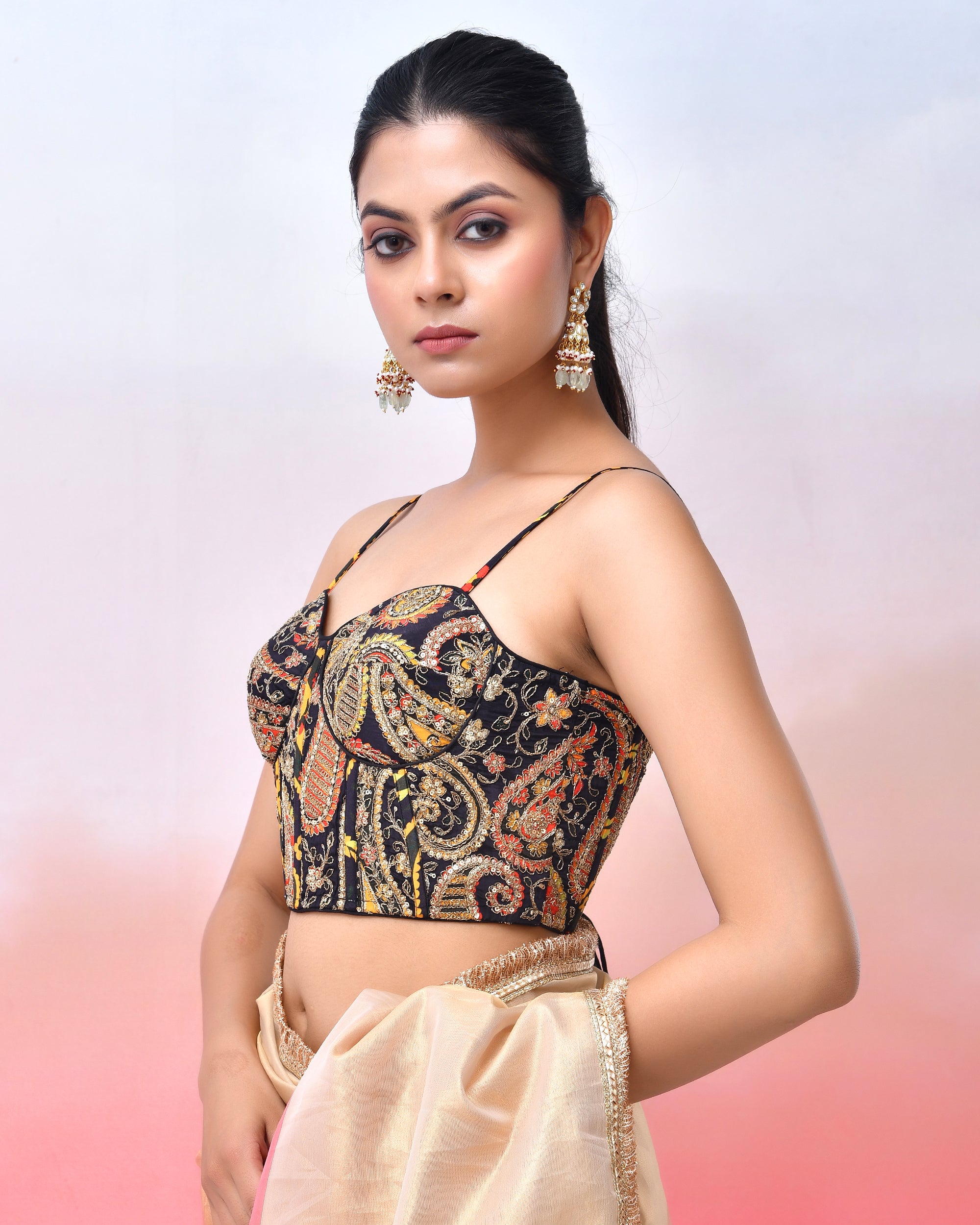Multicolour Embroidered Bustier Corset Style Black Blouse with Tie-up Back