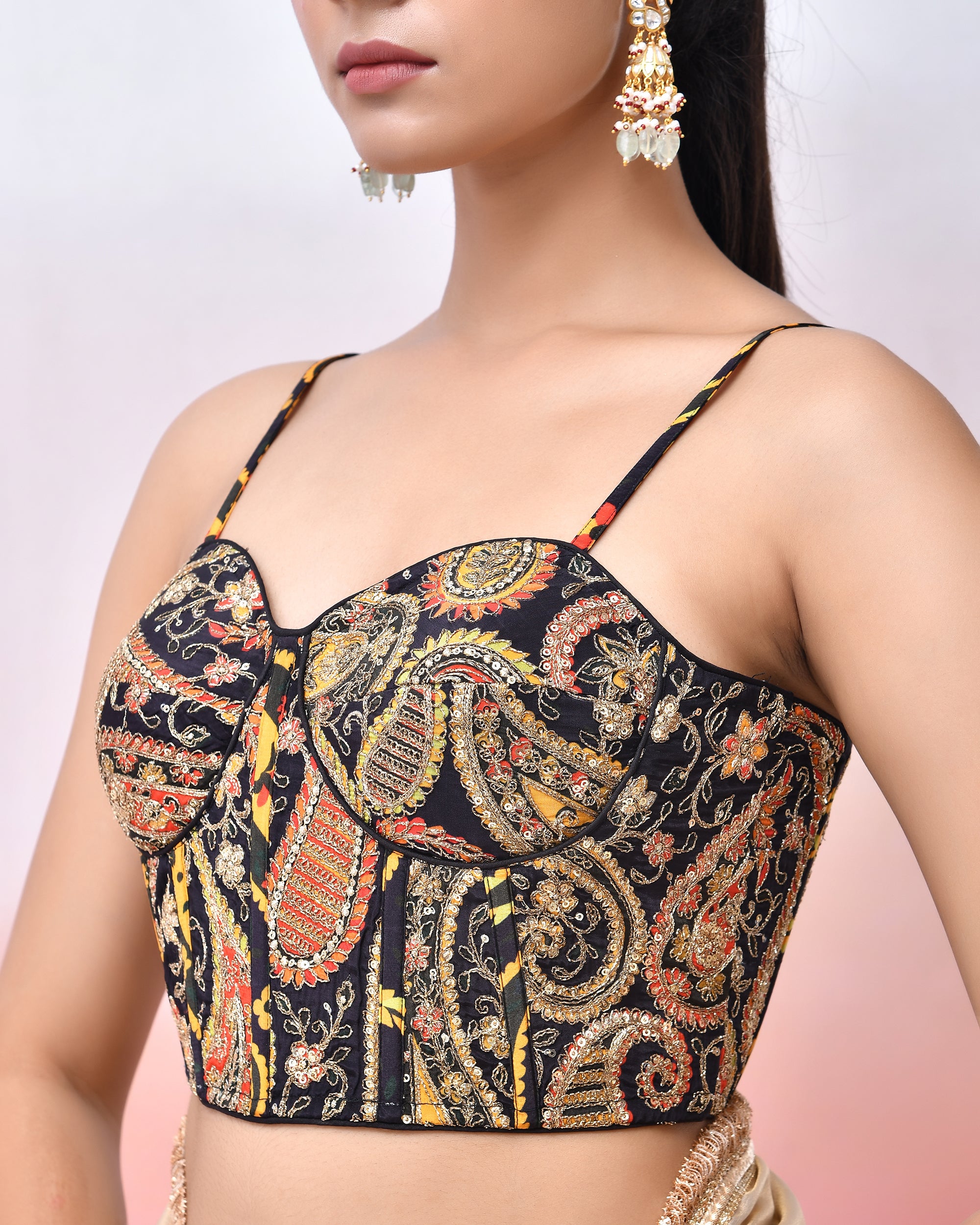 Multicolour Embroidered Bustier Corset Style Black Blouse with Tie-up Back