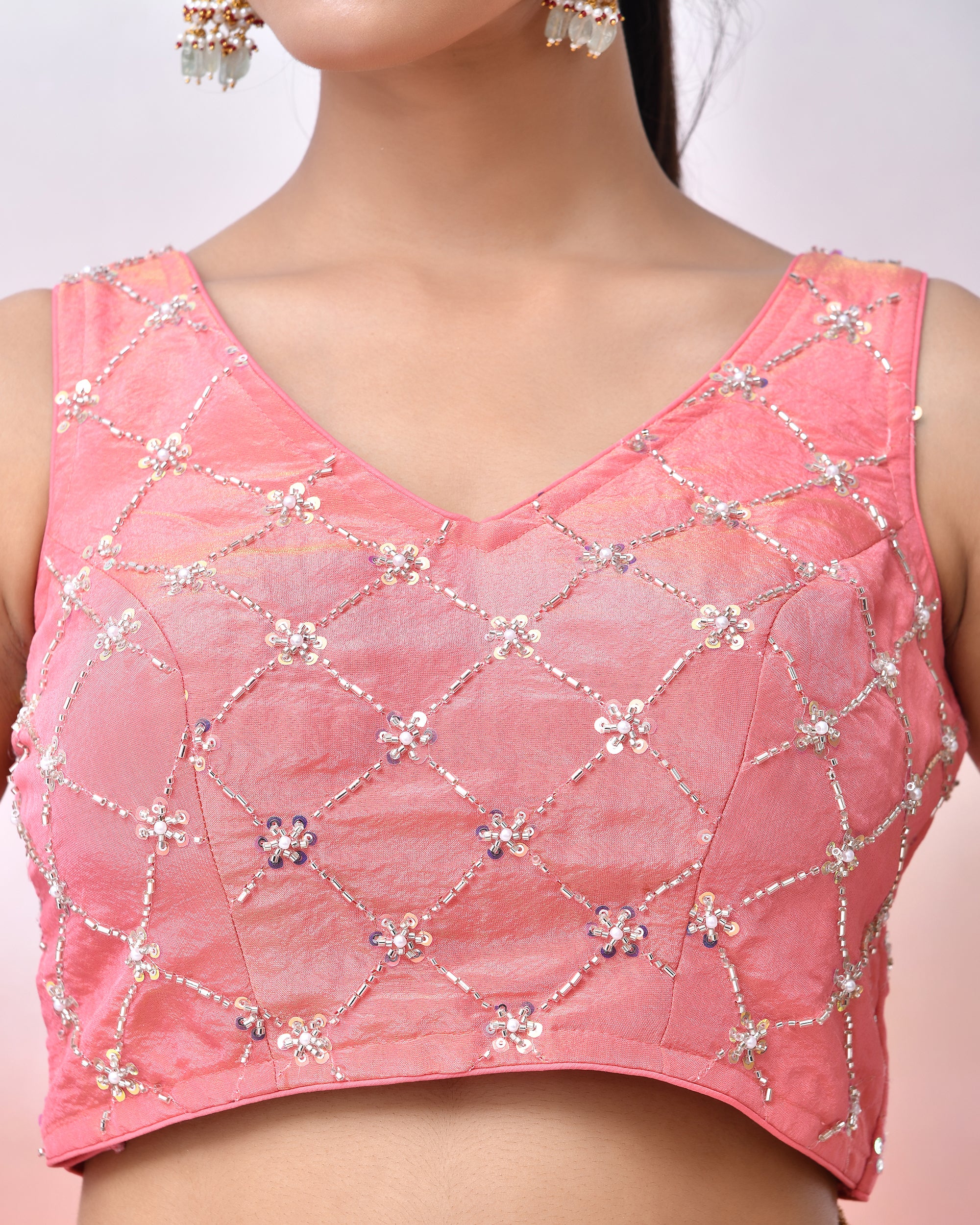 Pink Cutdana Work Tissue Padded Blouse