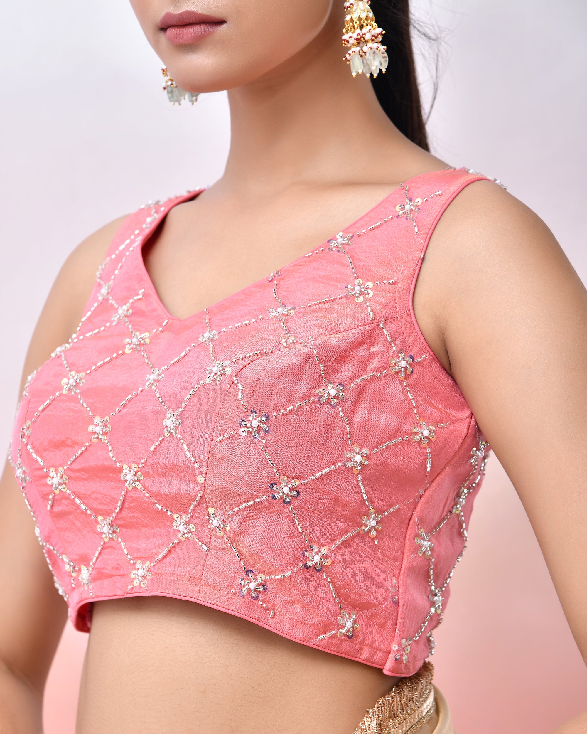 Pink Cutdana Work Tissue Padded Blouse