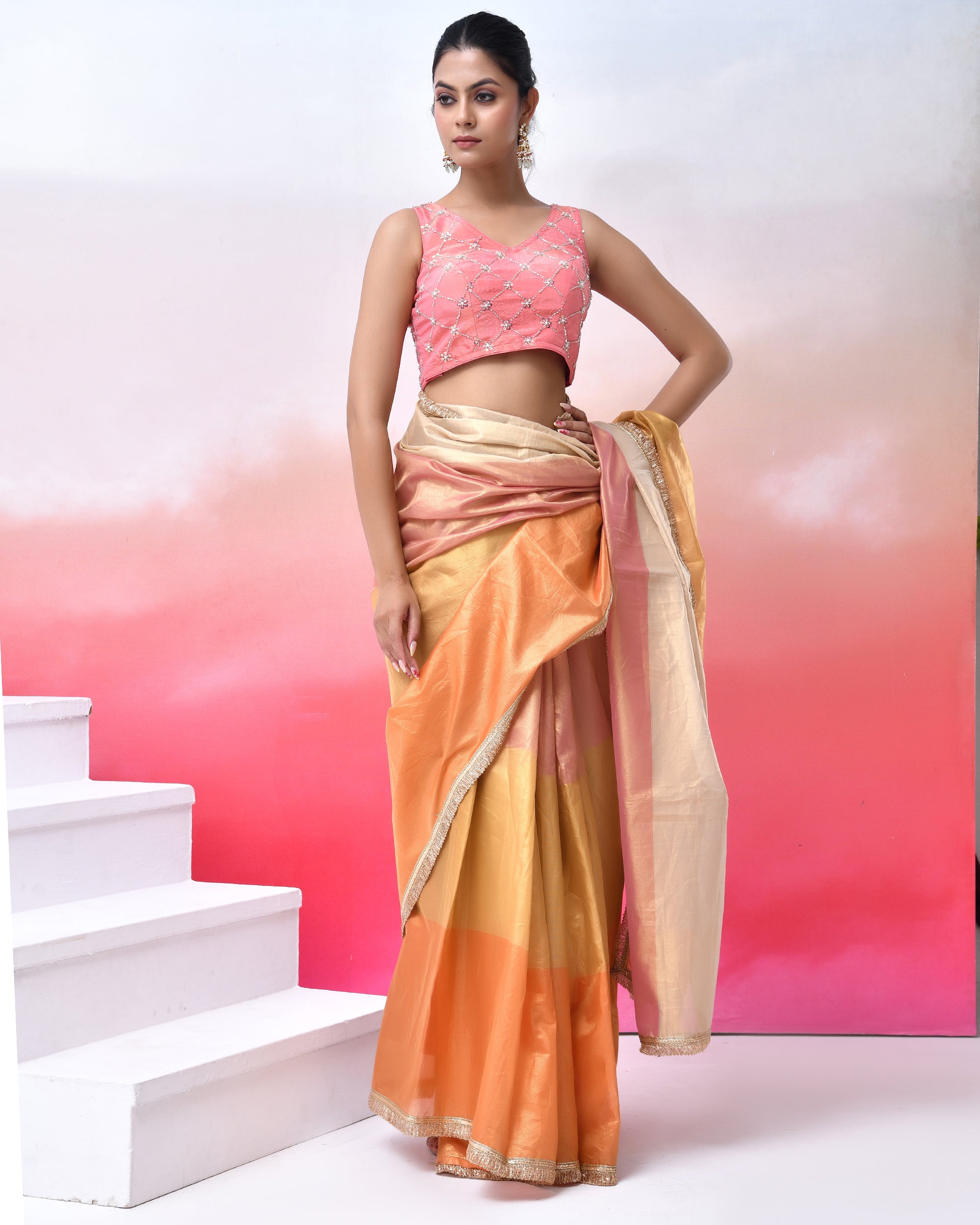 Pink Cutdana Work Tissue Padded Blouse