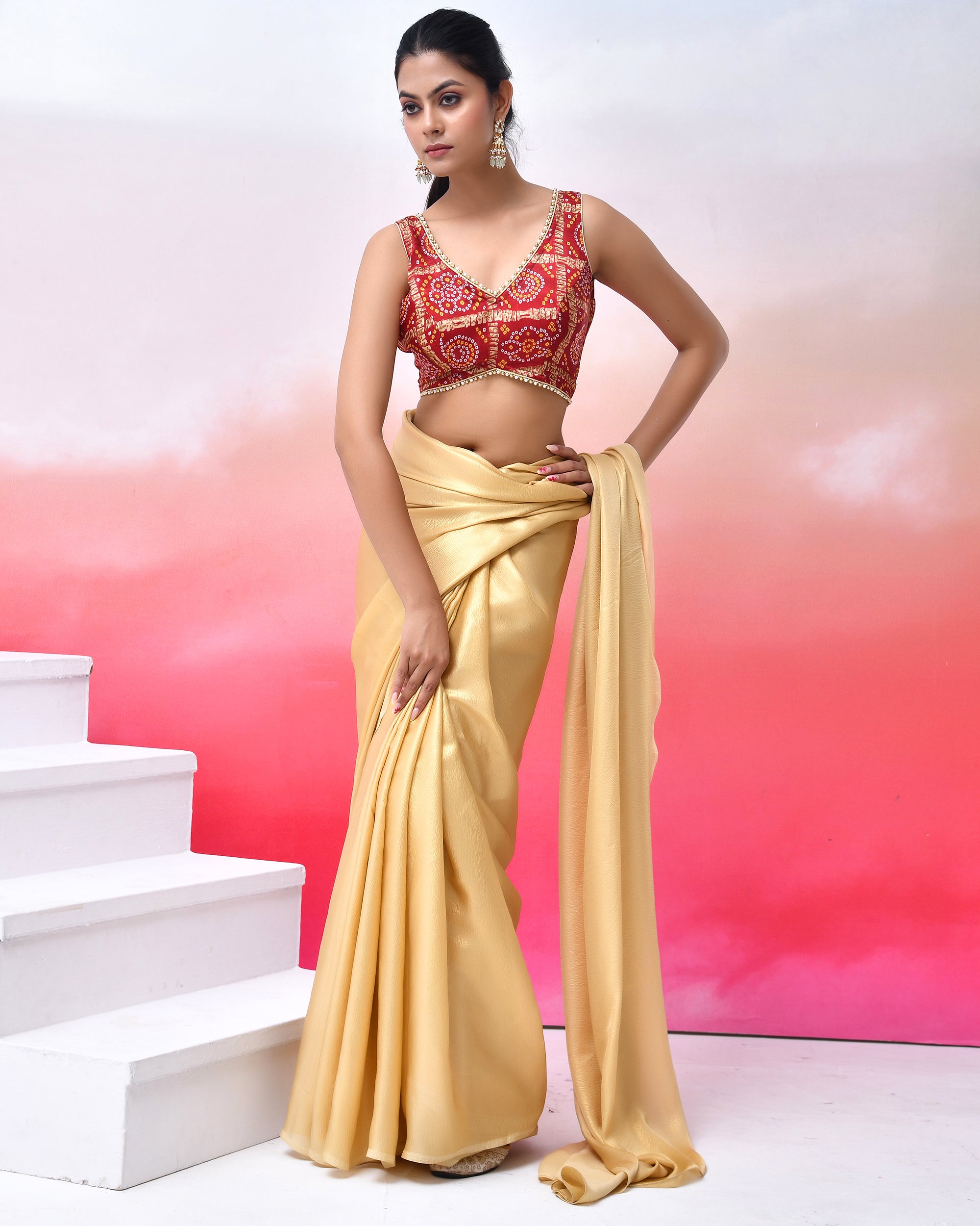 Red Bandhej Printed Padded Blouse