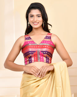 Multicolored Striped Banarasi Brocade Sleeveless V-Neck Blouse