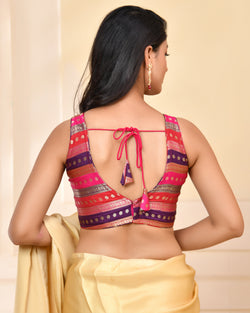 Multicolored Striped Banarasi Brocade Sleeveless V-Neck Blouse